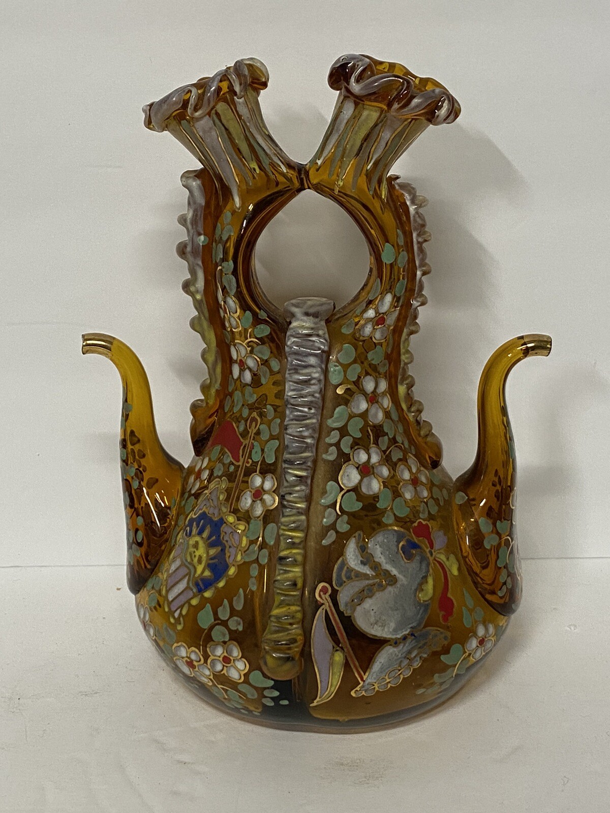 Rare Moser Hand Blown Decanter or Cruet W enamel Applied Art Glass Double Spout Rare Moser Hand Blown Decanter or Cruet W enamel Applied Art Glass Double Spout