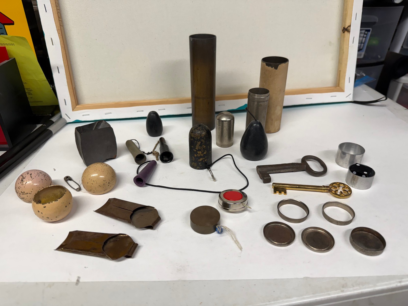 Vintage Brass Magic Trick Lot - Okito Box, Sleeve Pulls, Hand Vanishers, Tubes