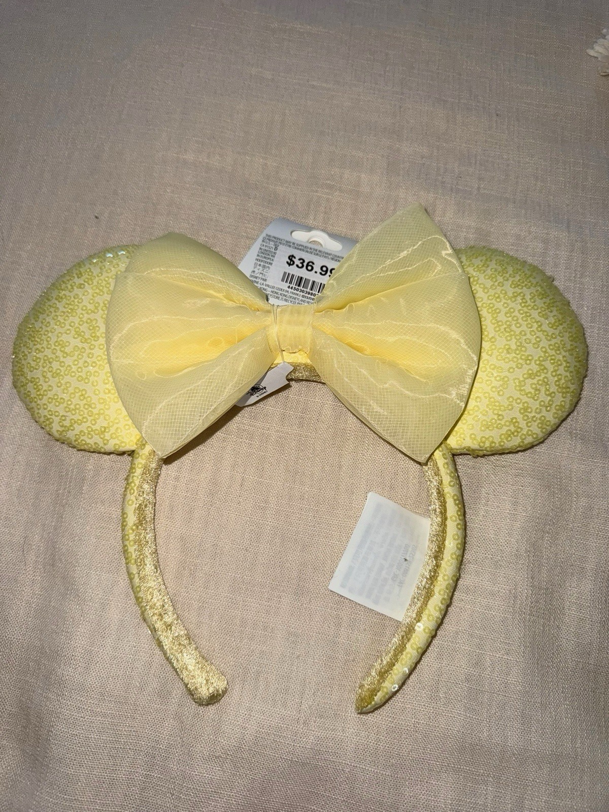 2026 Disney Parks Spring Butter Yellow Sequin Ear Ears Bow Headband Pastel New