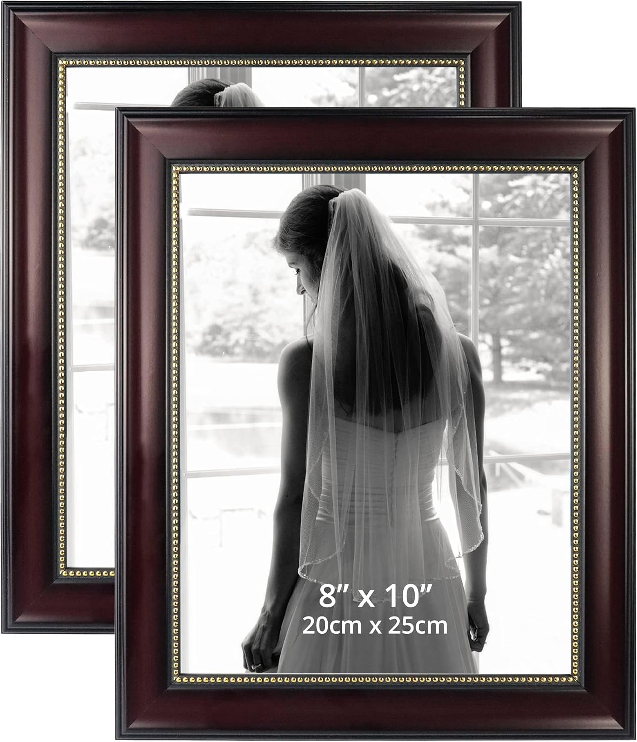 8x10 Picture Frames, Real Glass, Display 8x10, 2-Pack Mahogany With Gold Beads