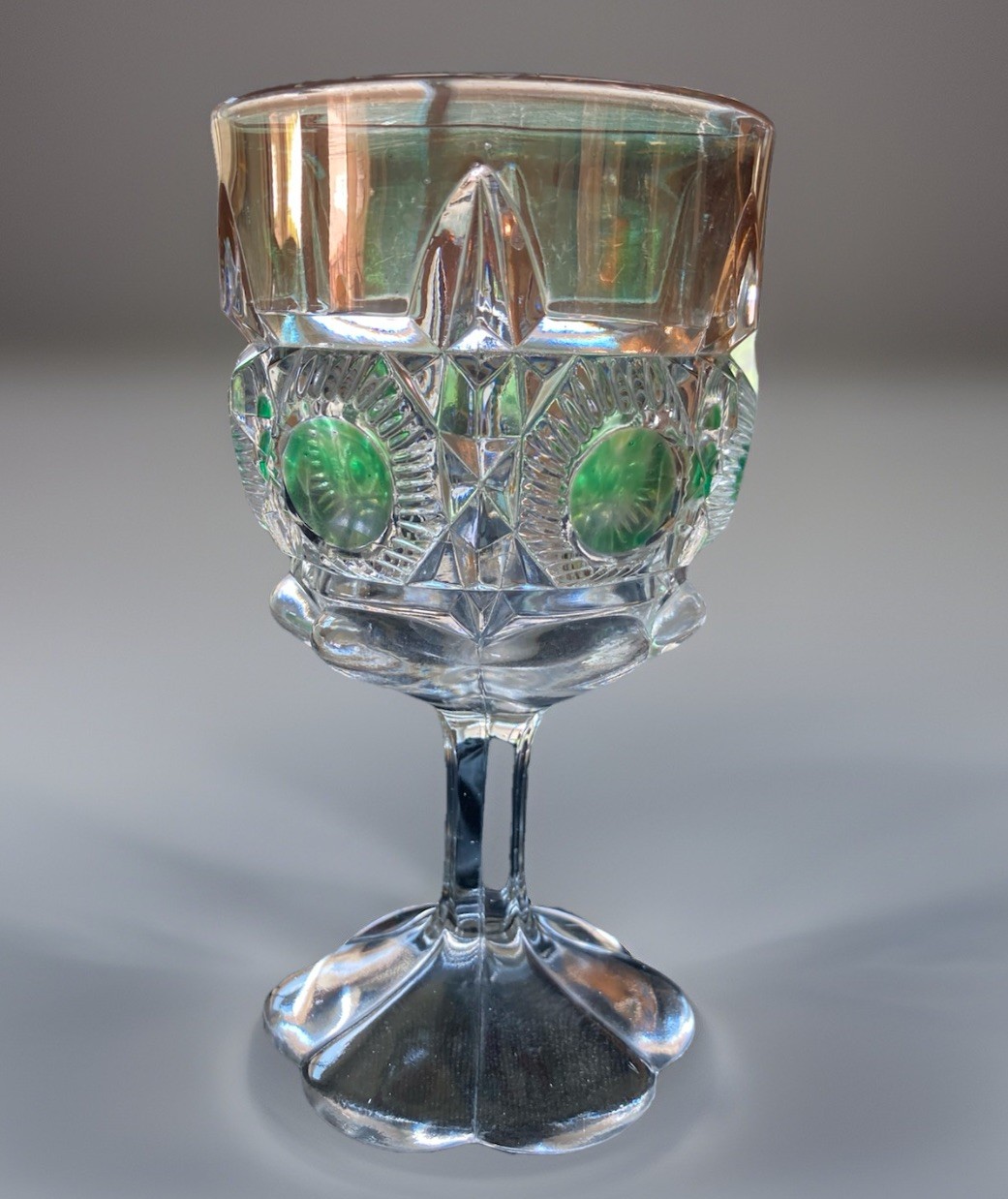 Antq. US Glass Co. EAPG Goblet Newport 15117 Bullseye & Daisy Clear/Green c.1909
