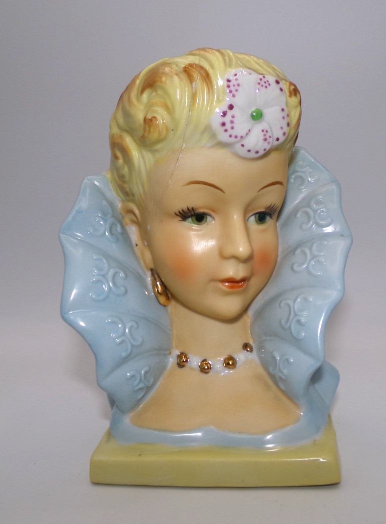 Vintage Porcelain Edwardian Lady Head Vase Blue Dress White Pink Flower Gold
