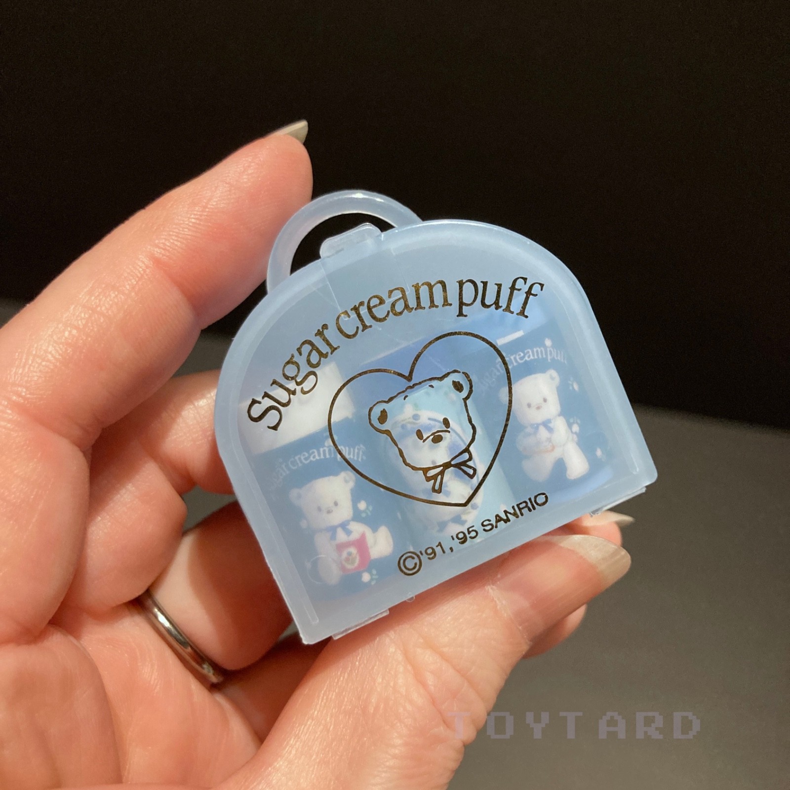 VTG Sanrio Sugar Cream Puff White Teddy Bear Cased ERASERS Blue Cottage 1995 90s