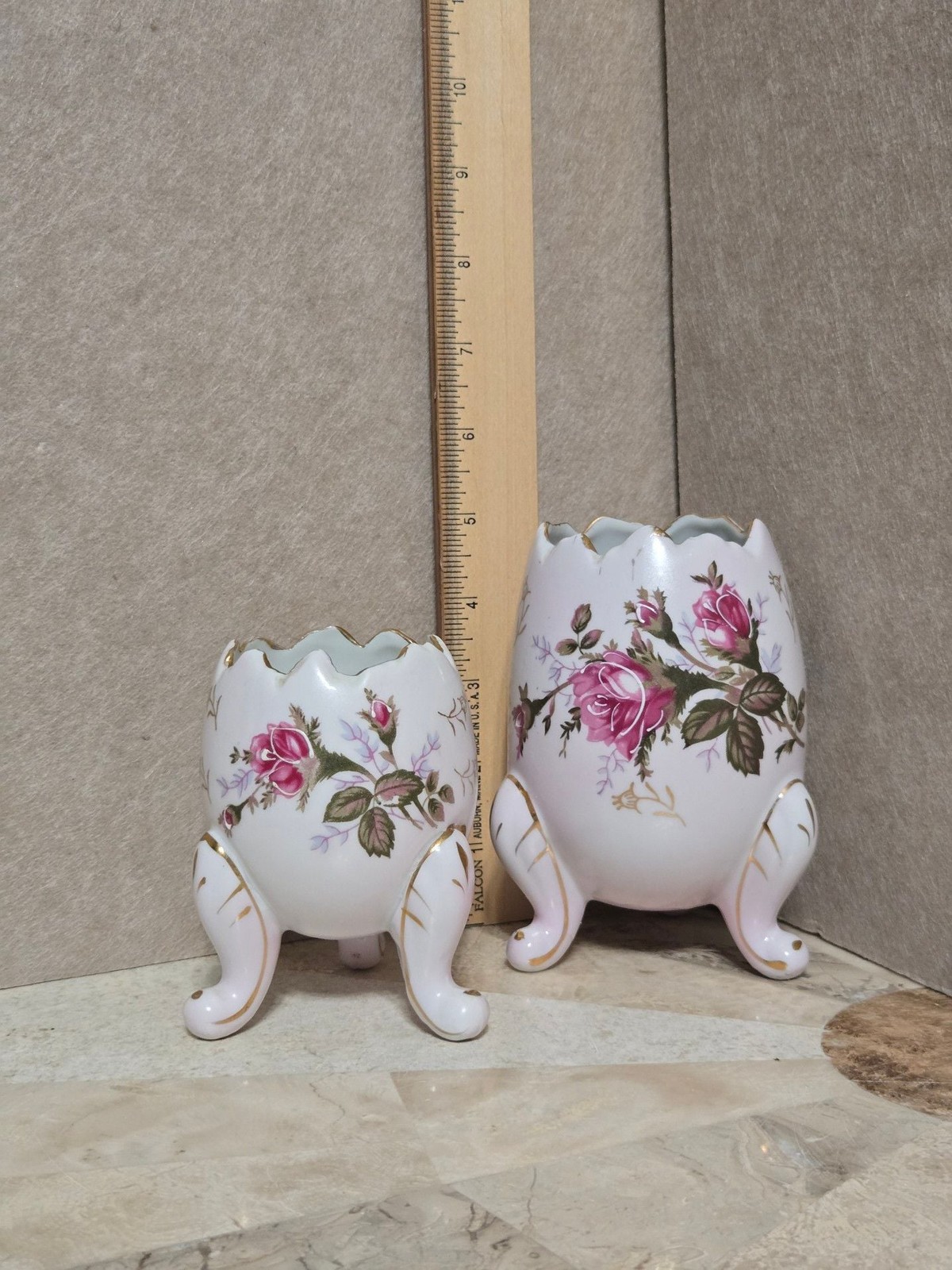 Vintage Napcoware Hand-Painted Pink Rose Footed Cracked Egg Vase Set of 2