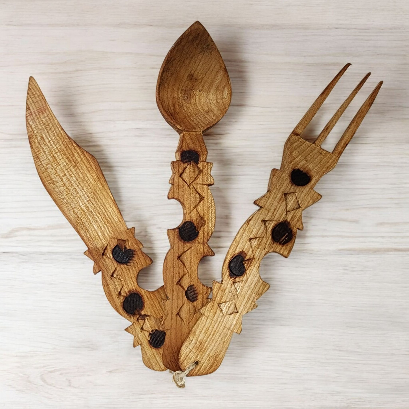 Vtg Hand Carved Wood Cutlery Set Spoon Fork Knife Pyrography Rustic Folk Art Vtg Hand Carved Wood Cutlery Set Spoon Fork Knife Pyrography Rustic Folk Art