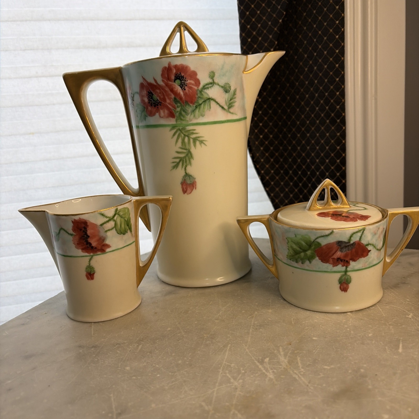 Antique Hutschenreuther, Selb Bavaria 1920,Coffee/Tea Set Hand Painted 5pc.