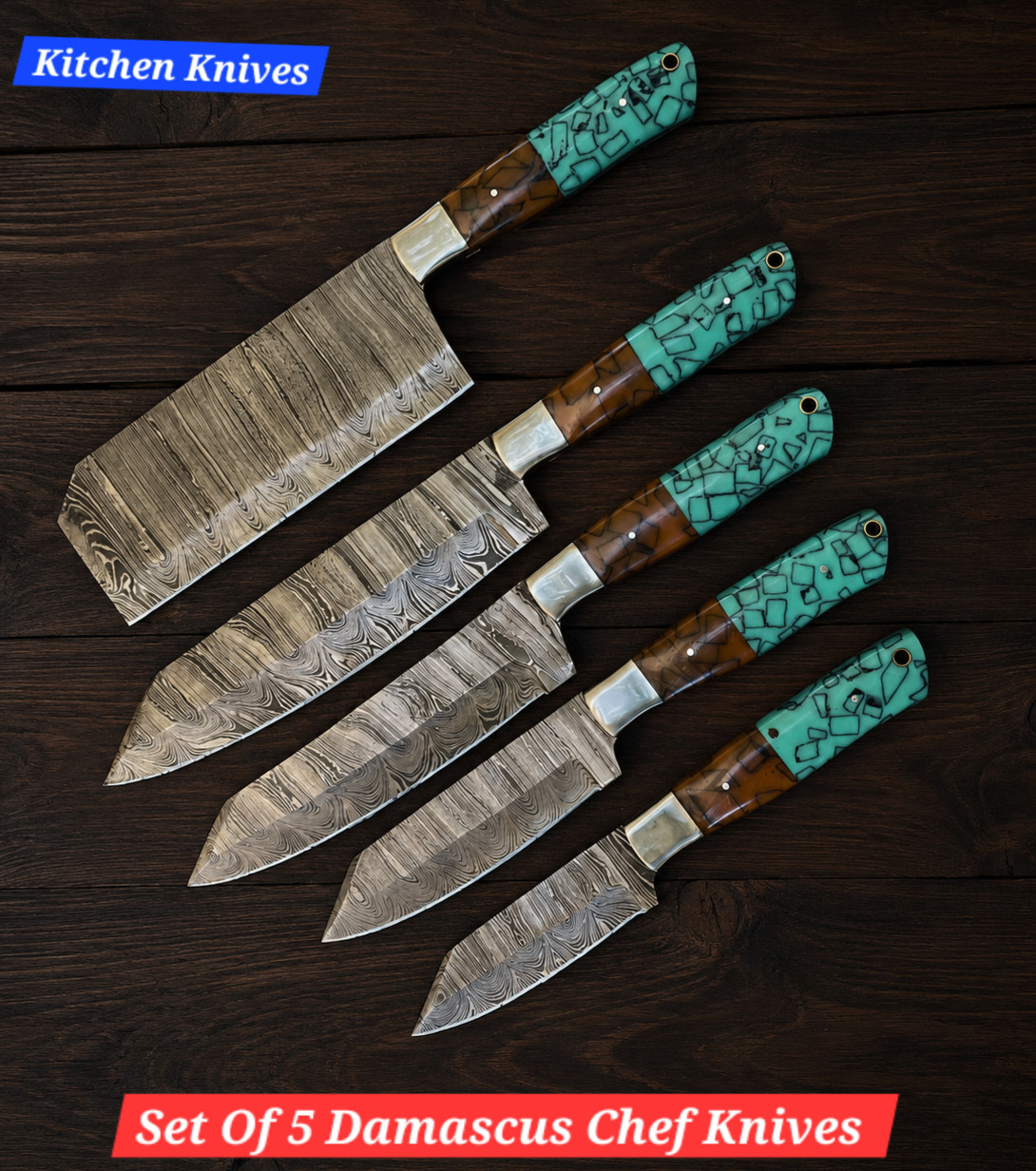 Handmade Set of 5 Damascus Steel Chef Knife Kitchen Knives with Leather Roll Bag
