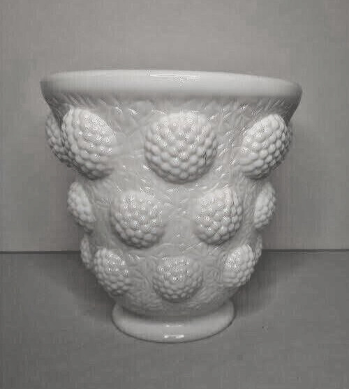 Vintage Fenton Les Cabochon White Milk Glass Flower Vase 1960’s Raspberries MCM