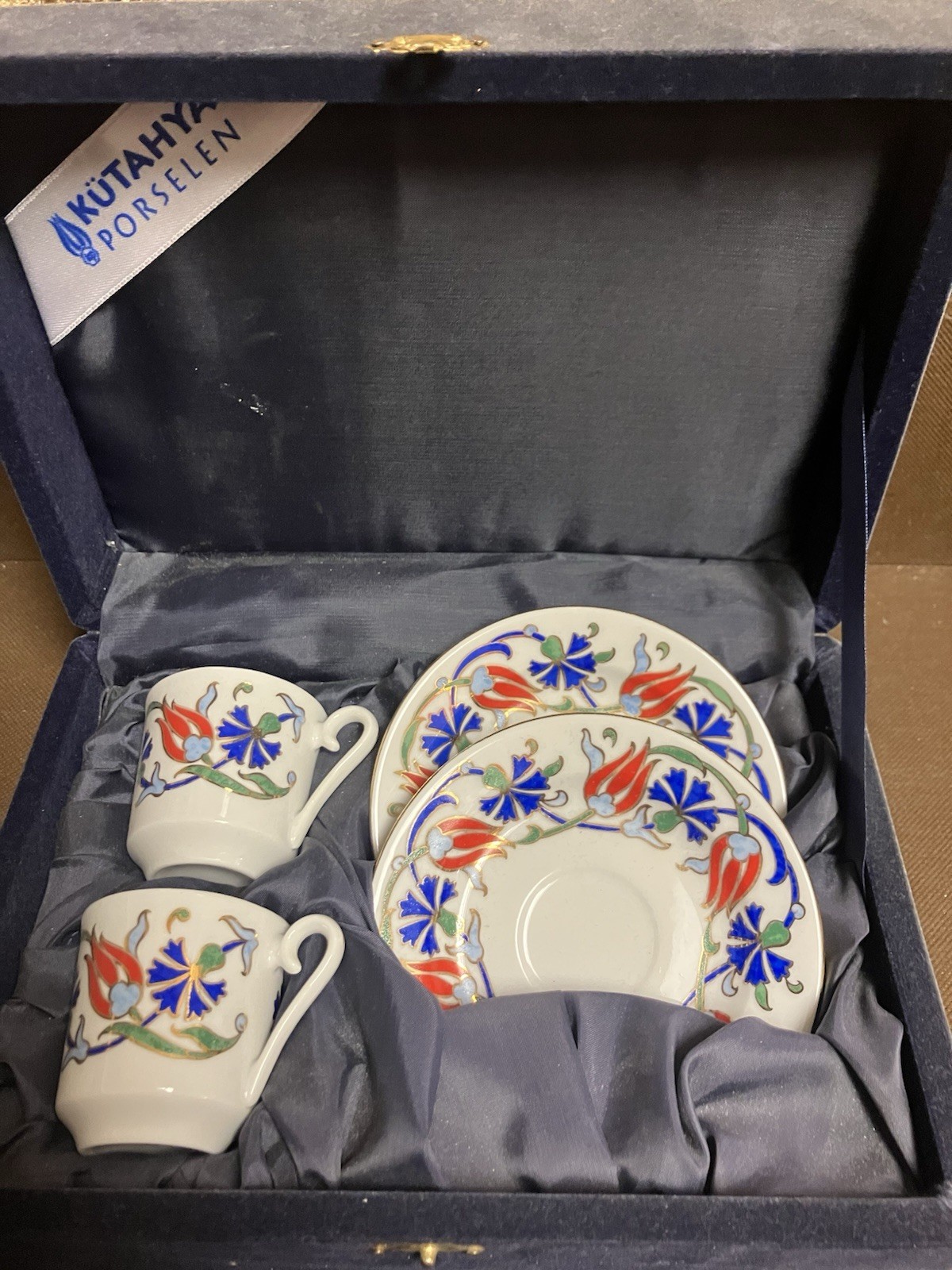 Vintage Kutahya Porselen Turkish Demitasse Tea Set For 2 Boxed Hand Made Floral Vintage Kutahya Porselen Turkish Demitasse Tea Set For 2 Boxed Hand Made Floral