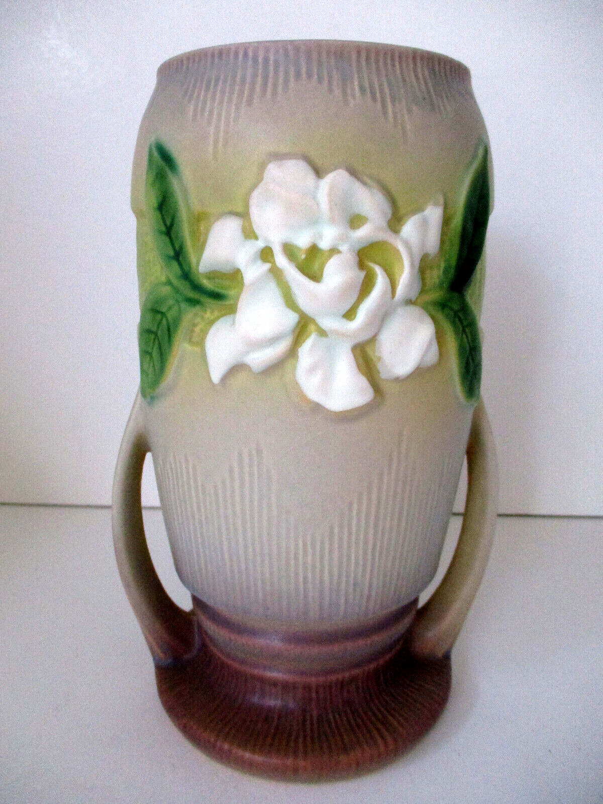 Roseville Vase Gardenia Pattern Green Ceramic Vintage #683 8