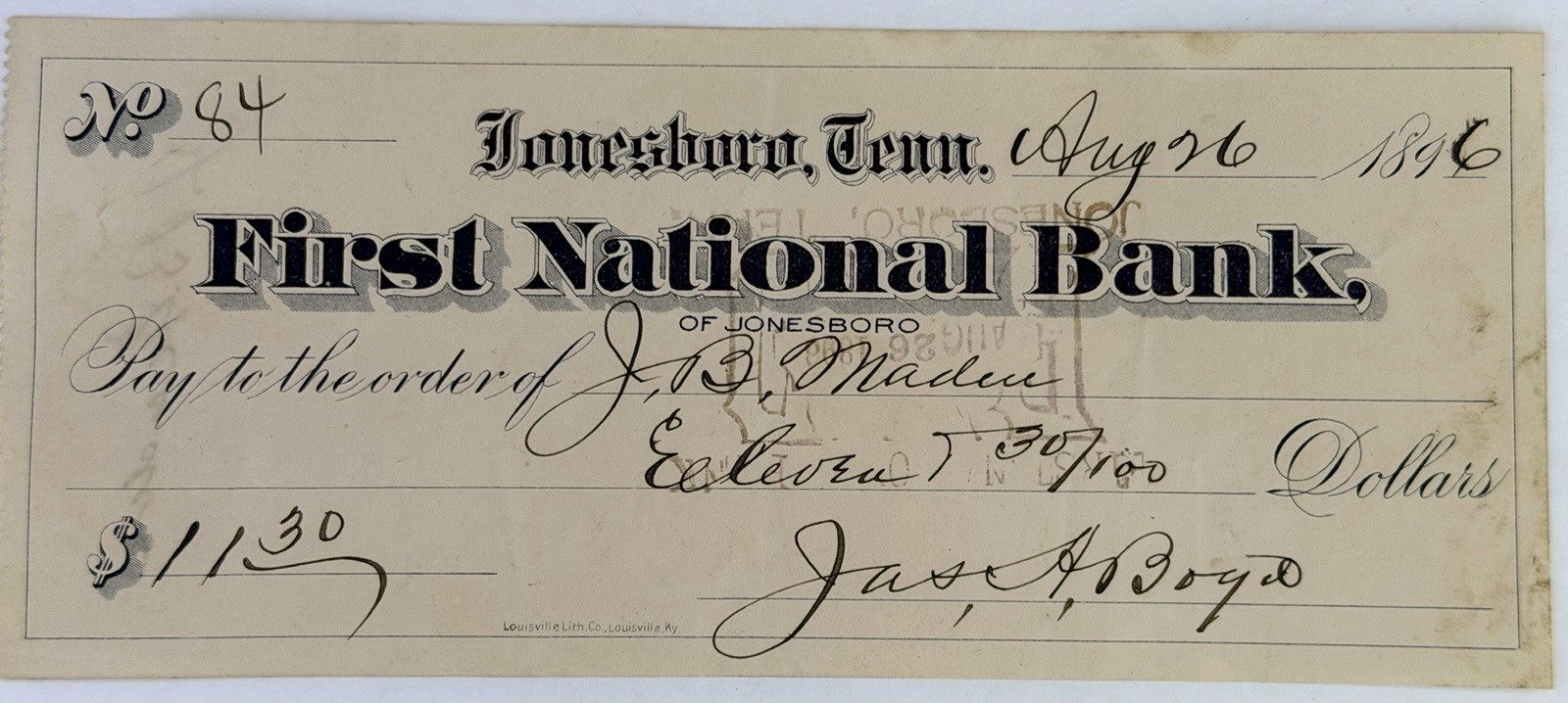 Vintage 1896 First National Bank of Jonesboro TN Jonesborough Check Signed
