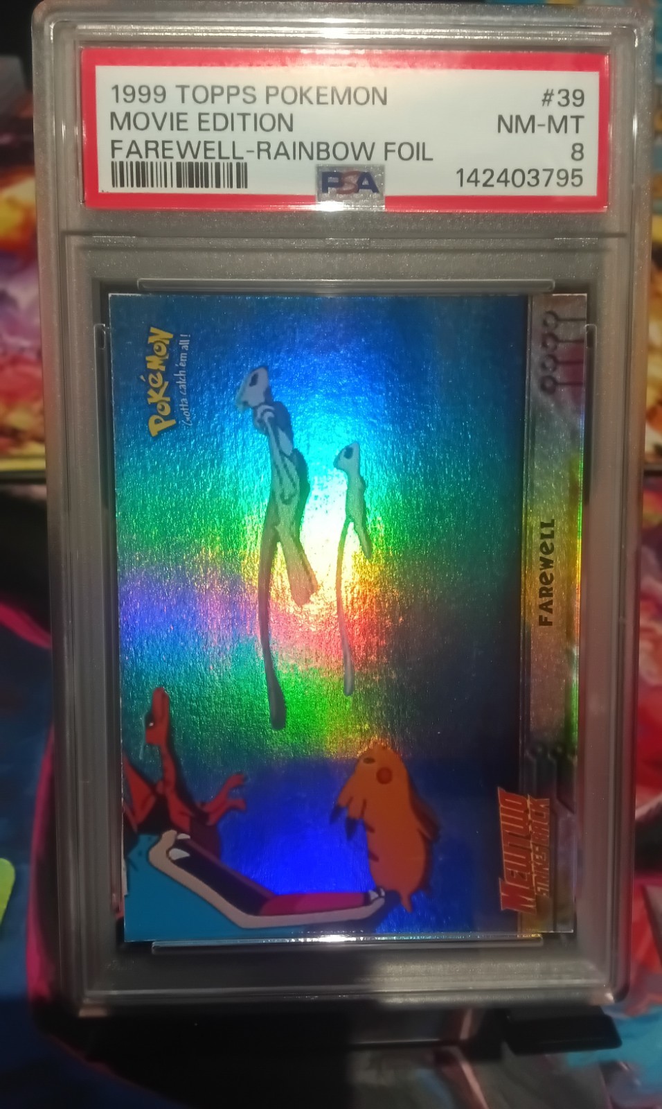 1999 Topps Pokemon Mewtwo Strikes Back Farewell Rainbow Foil PSA 8 Mint