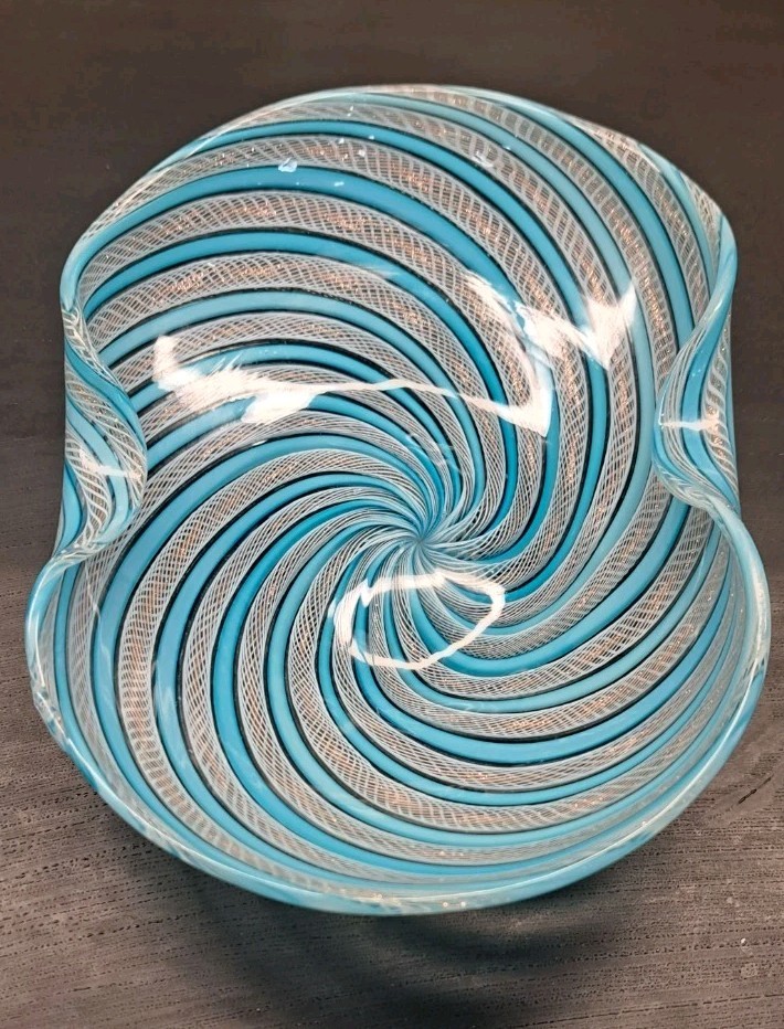 Authentic  Murano Fratelli Toso Dimple Bowl  Adventurine Inside  Latticino 