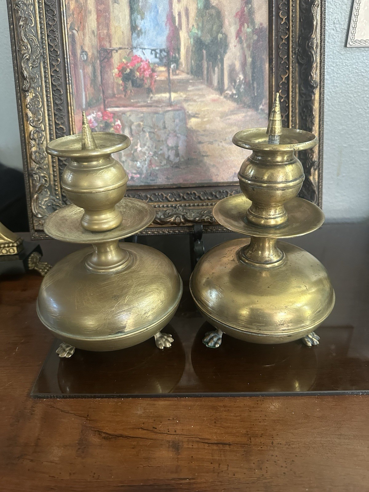 Pair of Antique 17th Flemish Dutch Brass Pricket Sticks Candelsticks