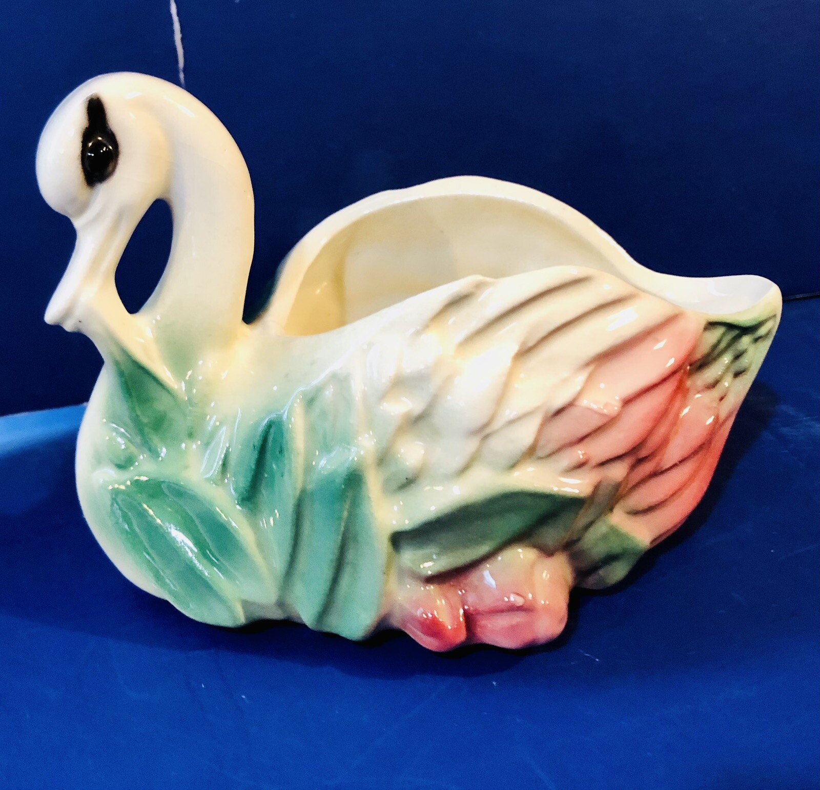 Vintage 50’s Ungemach Roseville Pottery Swan Planter Hand Painted Green Foliage