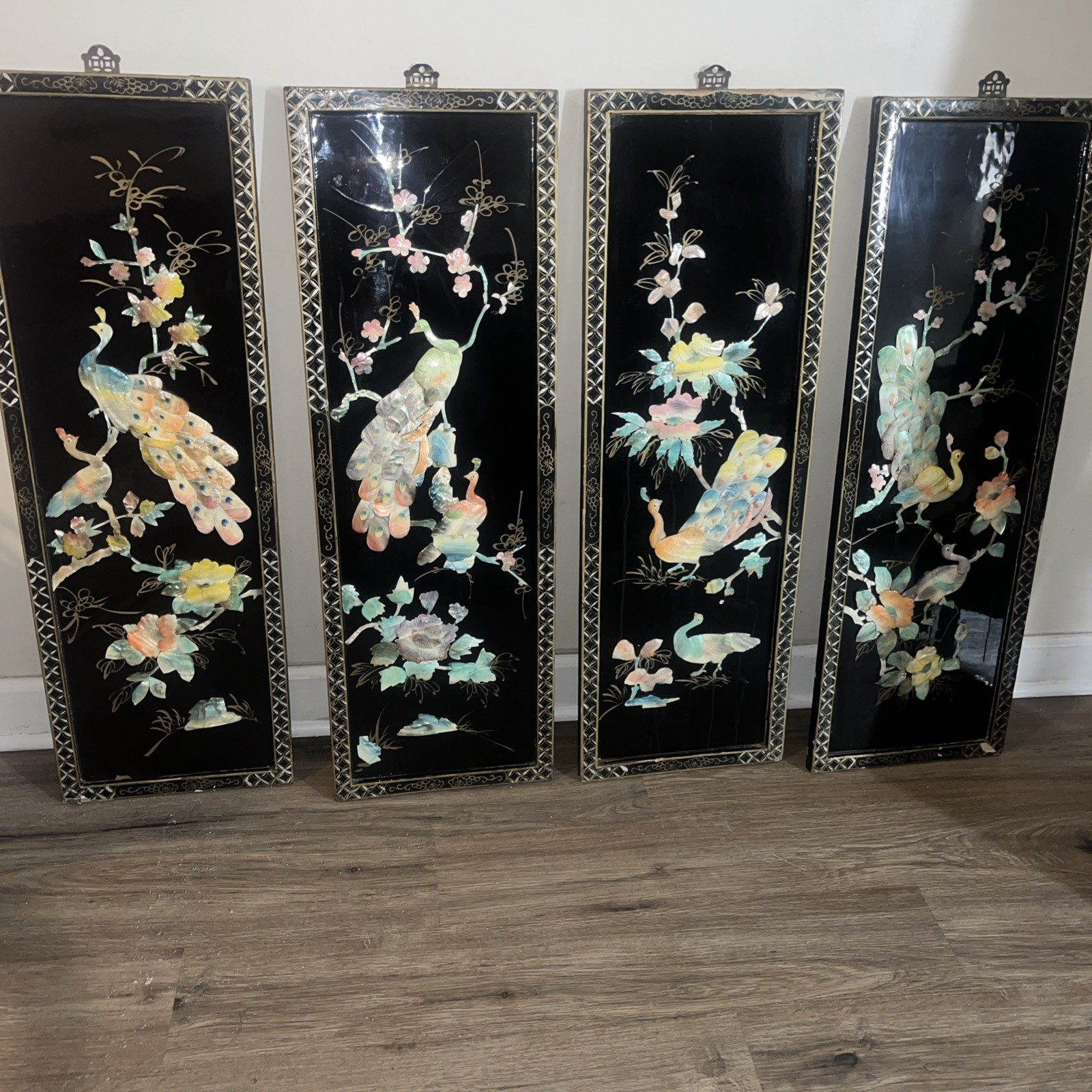 4 Vintage Asian Oriental Mother of Pearl Black Lacquer Wall Art Plaque Panels 