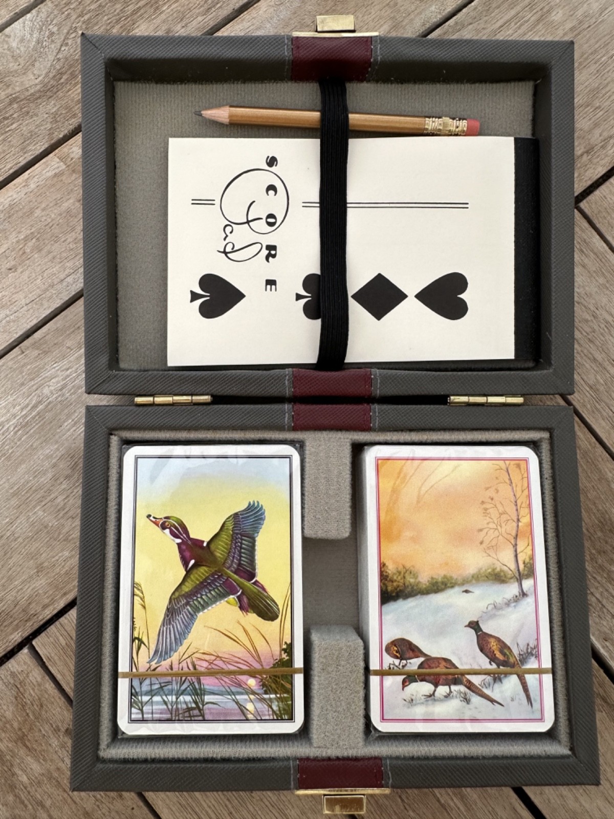 TWO Decks PHEASANT Playing Cards in Vintage Case + Bridge Score Pad Great Shape TWO Decks PHEASANT Playing Cards in Vintage Case + Bridge Score Pad Great Shape
