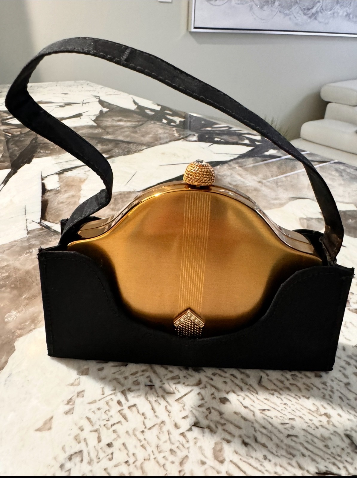 1940s VOLUPTE Carryall Compact Rhinestones + Black Satin Case. Great condition