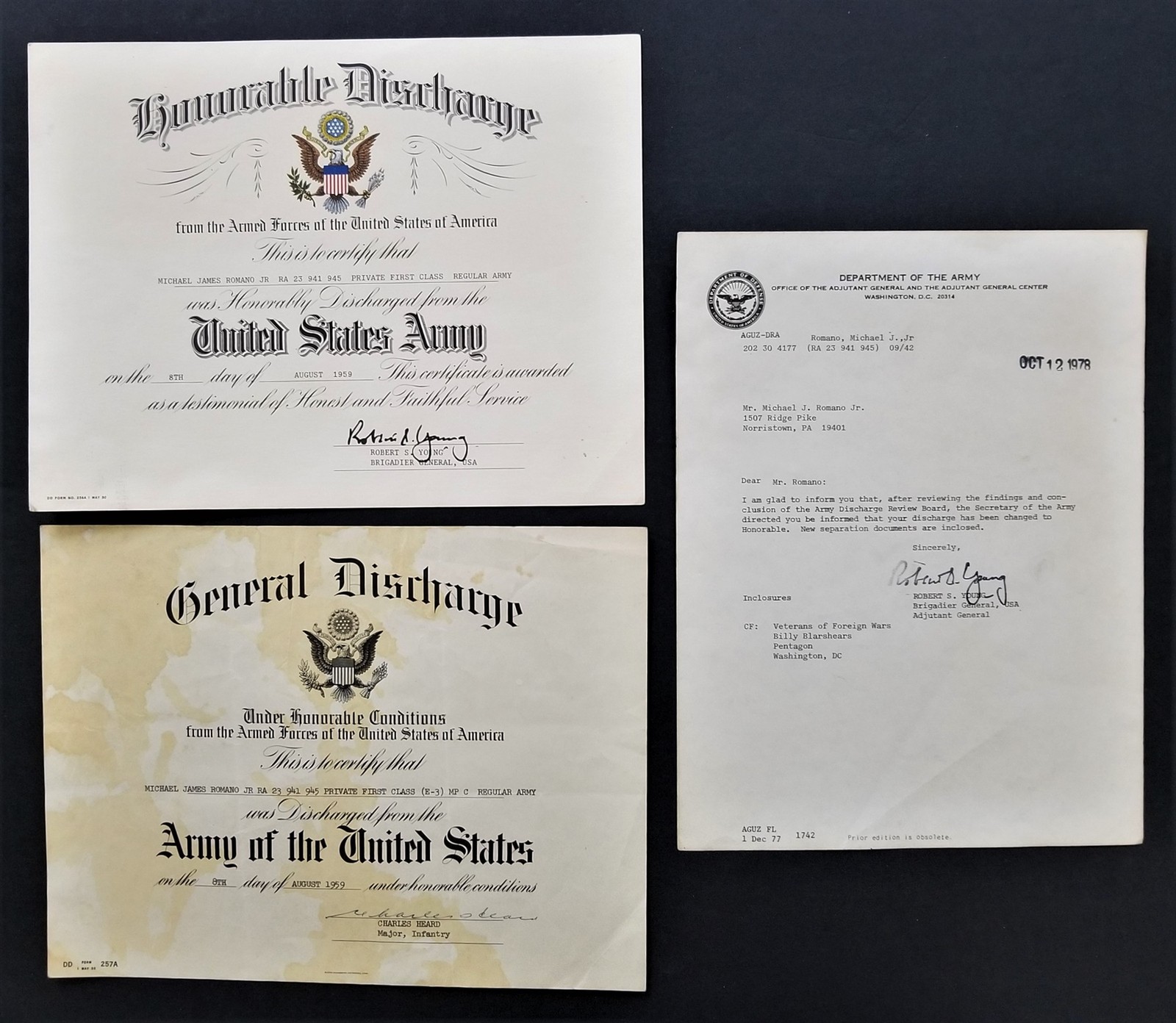 LOT vintage 1959 GEN\'L DISCHARGE changed 1979 to HONORABLE norristown pa ROMANO