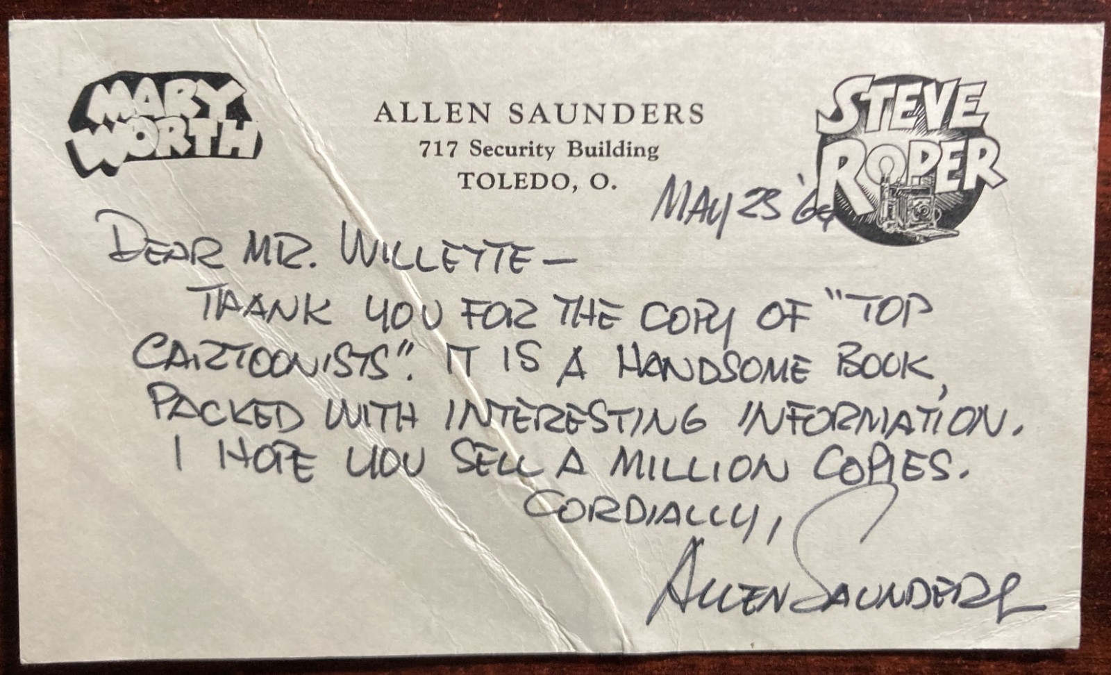 ALLEN SAUNDERS-Autographed Note Signed-STEVE ROPER, MARY WORTH writer