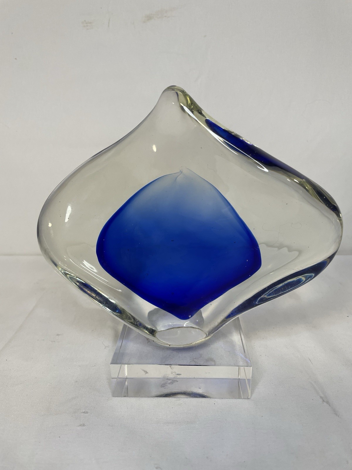 VTG Murano Style Art Glass Blue Clear  Glass 7”
