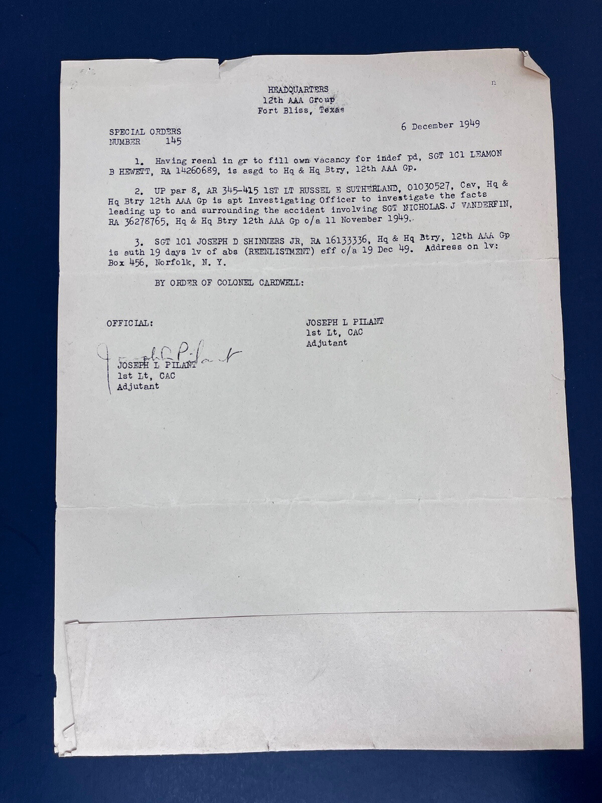Fort Bliss Special Orders Document 1949 US Army Colonel Card well