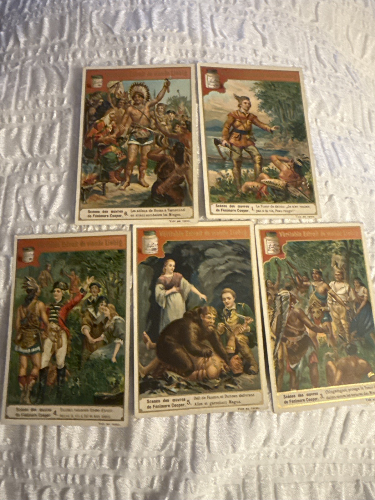 Set 5 Rare 1895 Trade Cards Liebig's Fleisch-Extract - Leather stocking ,Indians