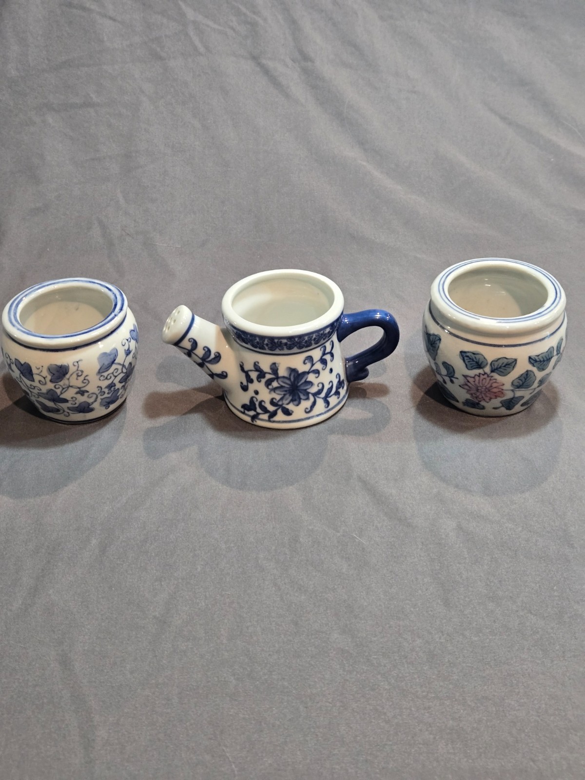 Blue White Floral Ceramic Mini Watering Can & 2 Planters 3 Pc Garden Decor