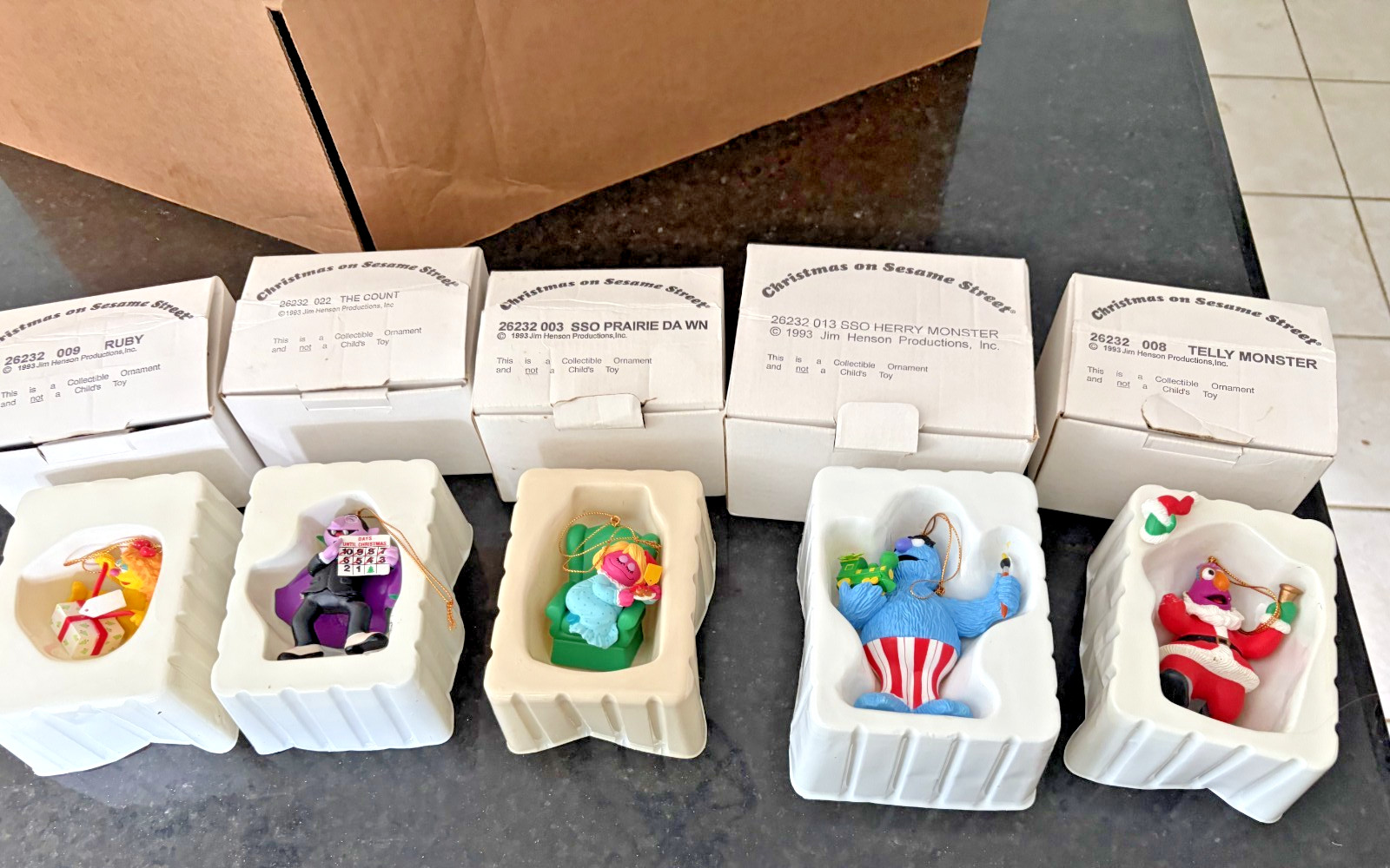 1993 Grolier Sesame Street Christmas Ornaments Lot 5 Boxed Count Telly Herry