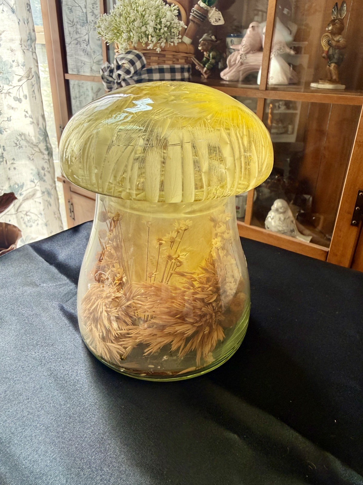 VTG 70’s  Mushroom Shaped Terrarium Jar W/ Dried Flowers & Candle 