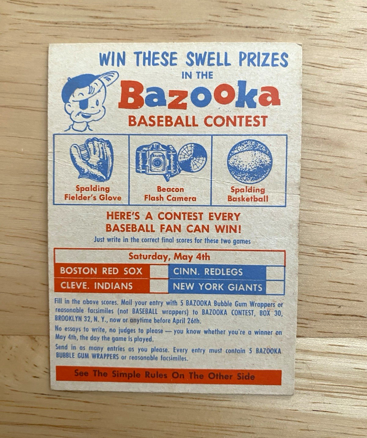1957 Topps Bazooka Contest May 4th VG (Crease)