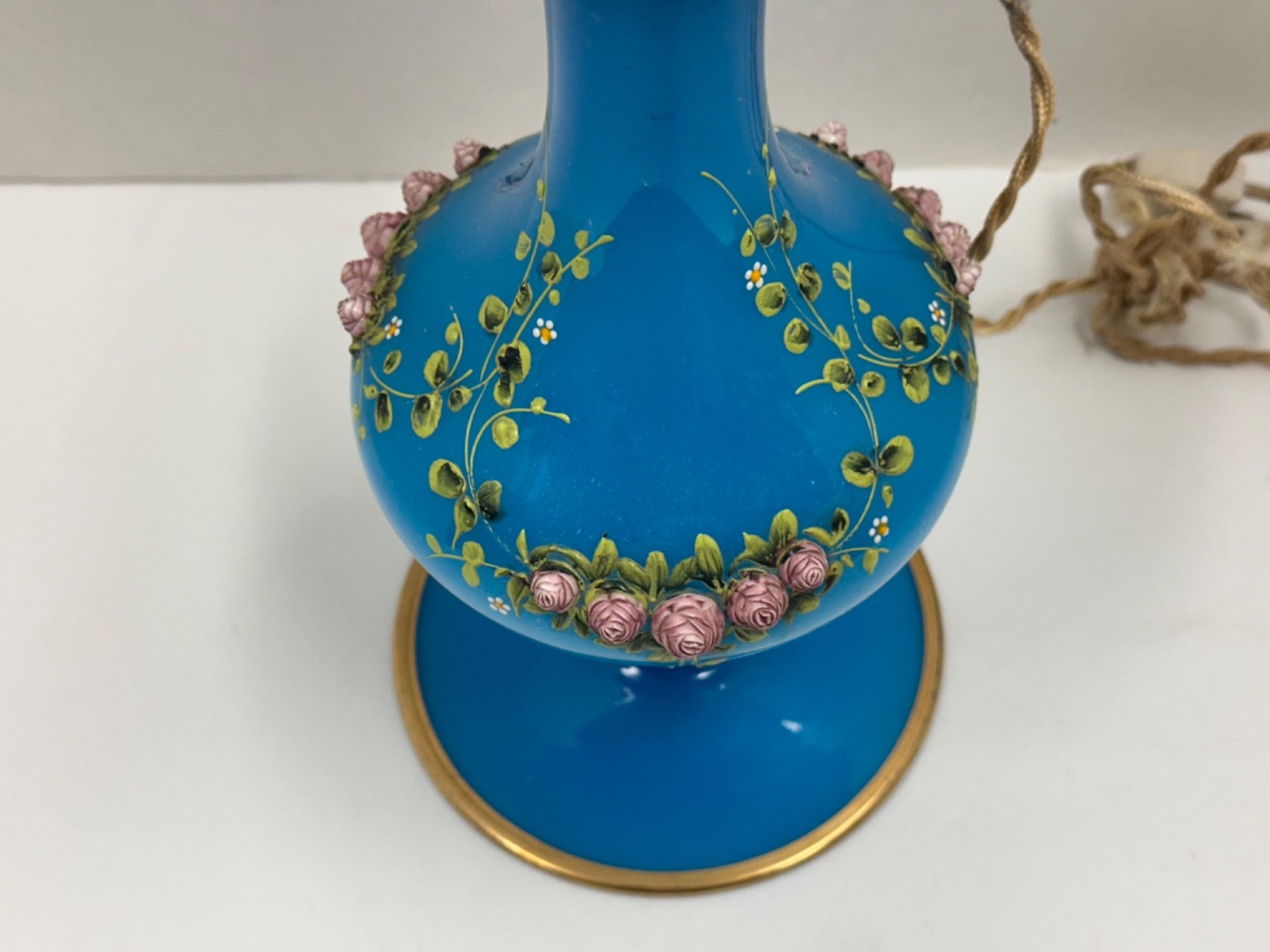 Rare Antique French Art deco Hand Painted Floral Blue Glass Opaline Table Lamp