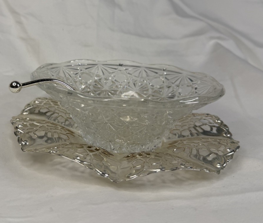 Vintage Pressed Glass Relish Candy Dish w Silver Tone Tray Spoon France