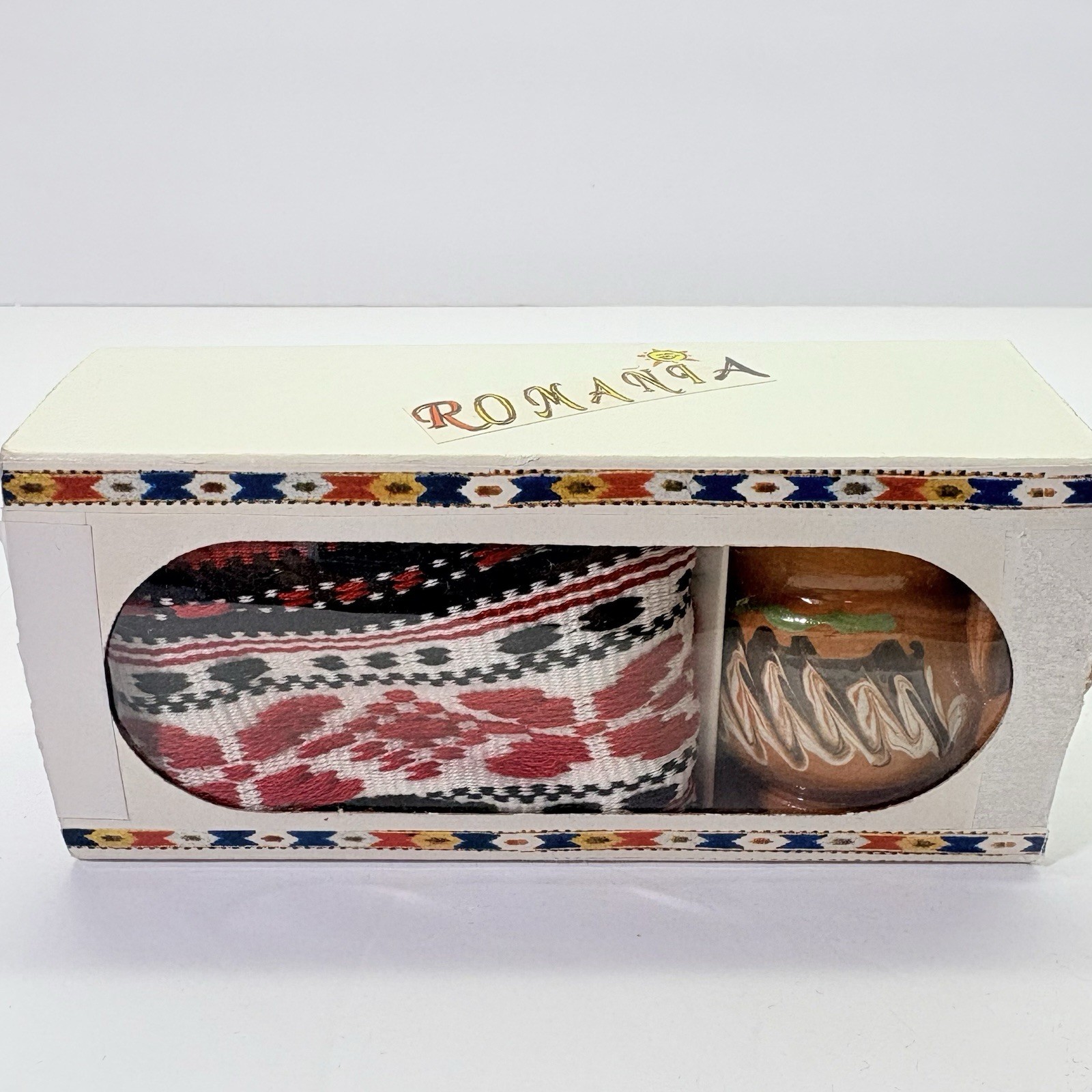Romanian Souvenir Boxed GIFT SET of 2 Mini FOLK ART Pieces: Textile & Mug Romanian Souvenir Boxed GIFT SET of 2 Mini FOLK ART Pieces: Textile & Mug