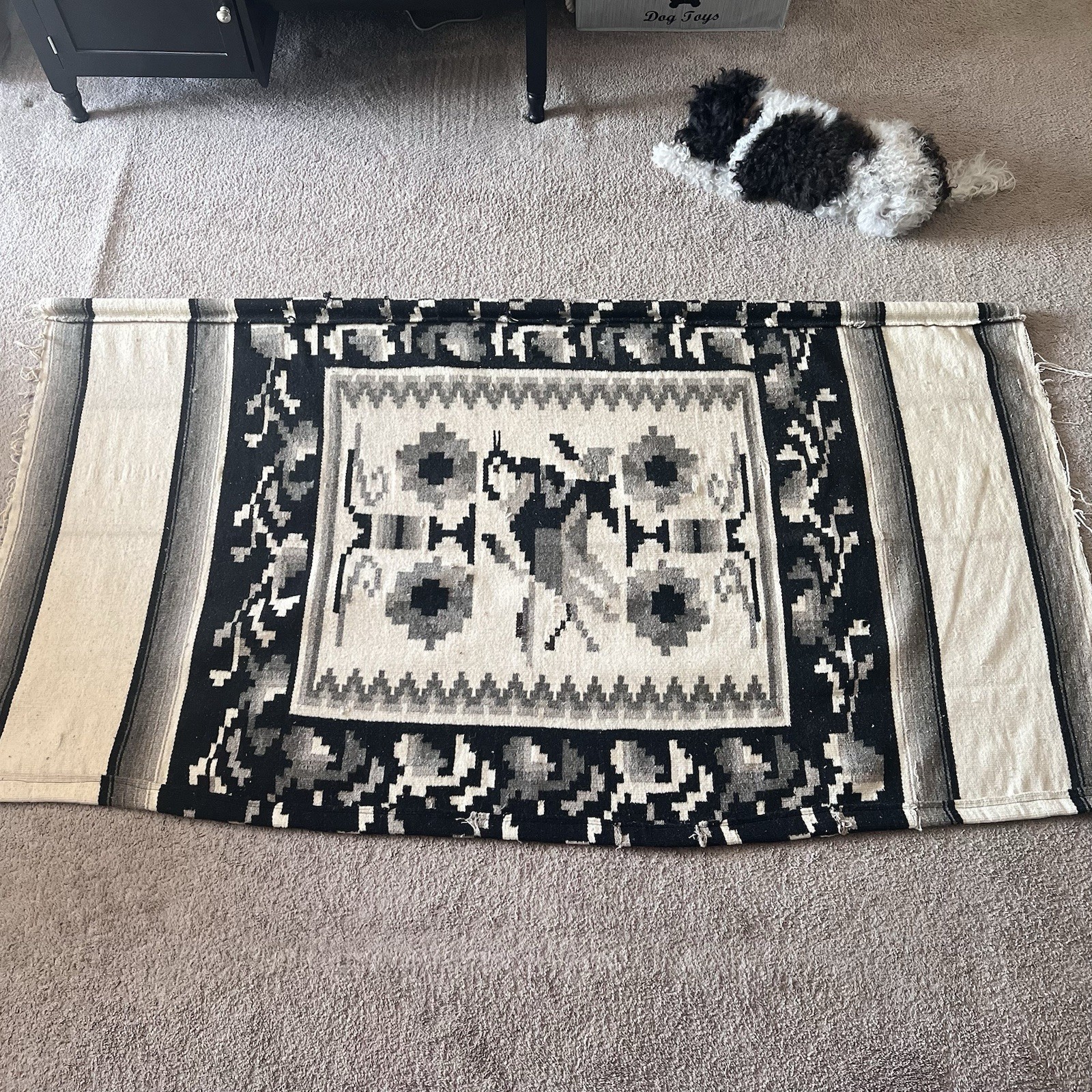 VTG 1940-1950s Hand Woven Pictorial Rug 79x44.5” White/Cream/Black/Gray