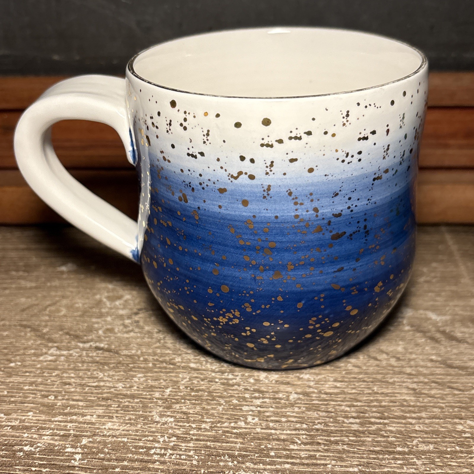 Anthropologie Suite One Studio Mimira Blue Gold Flake Ceramic Coffee Mug E4