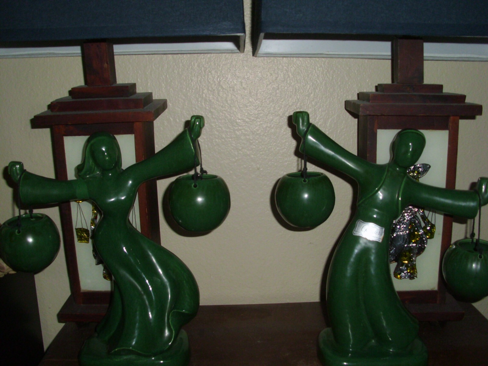 Vintage Mid-Century Gonder Pottery Dark Green Water Bearer Figurine Pair
