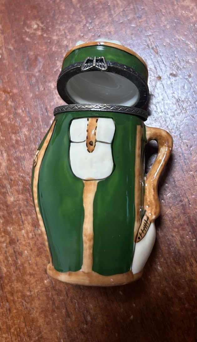 Vintage Golf Bag Clubs Ceramic Hinged Trinket Box Green Golf Decor