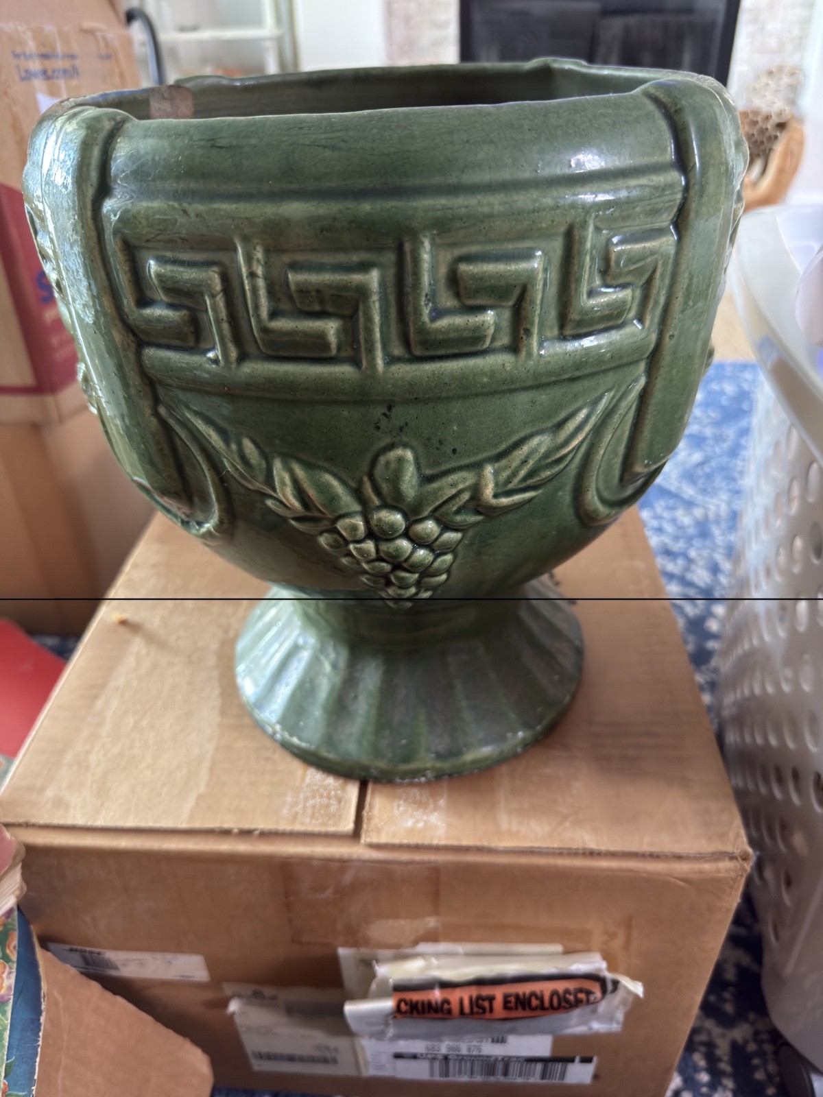 Vintage Green Majolica Glazed Planter w/ Greek Key & Grape Cluster-Footed Vintage Green Majolica Glazed Planter w/ Greek Key & Grape Cluster-Footed