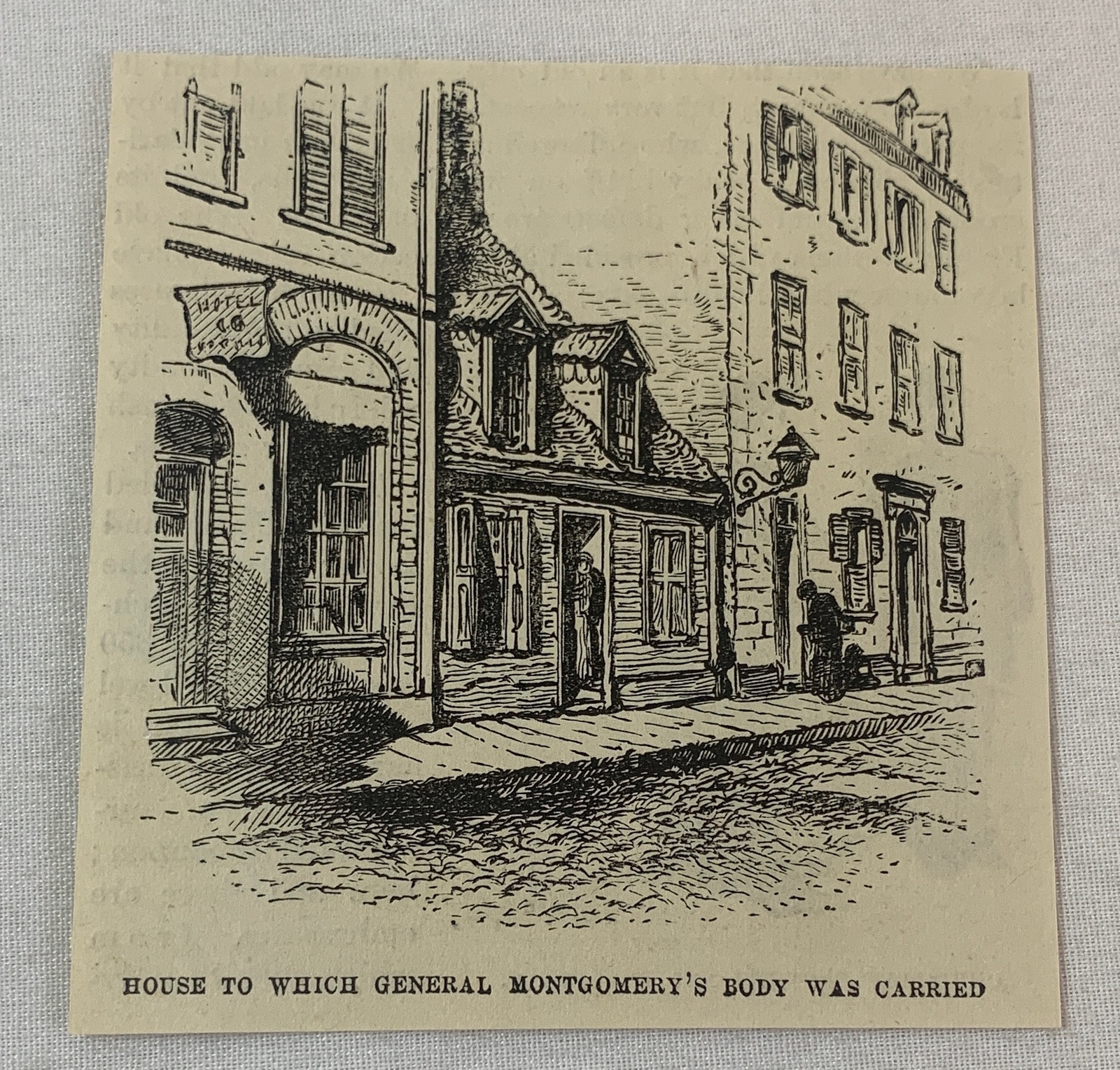 1876 magazine engraving~HOUSE WHERE GENERAL MONTGOMERY\'S BODY WAS CARRIED Quebec