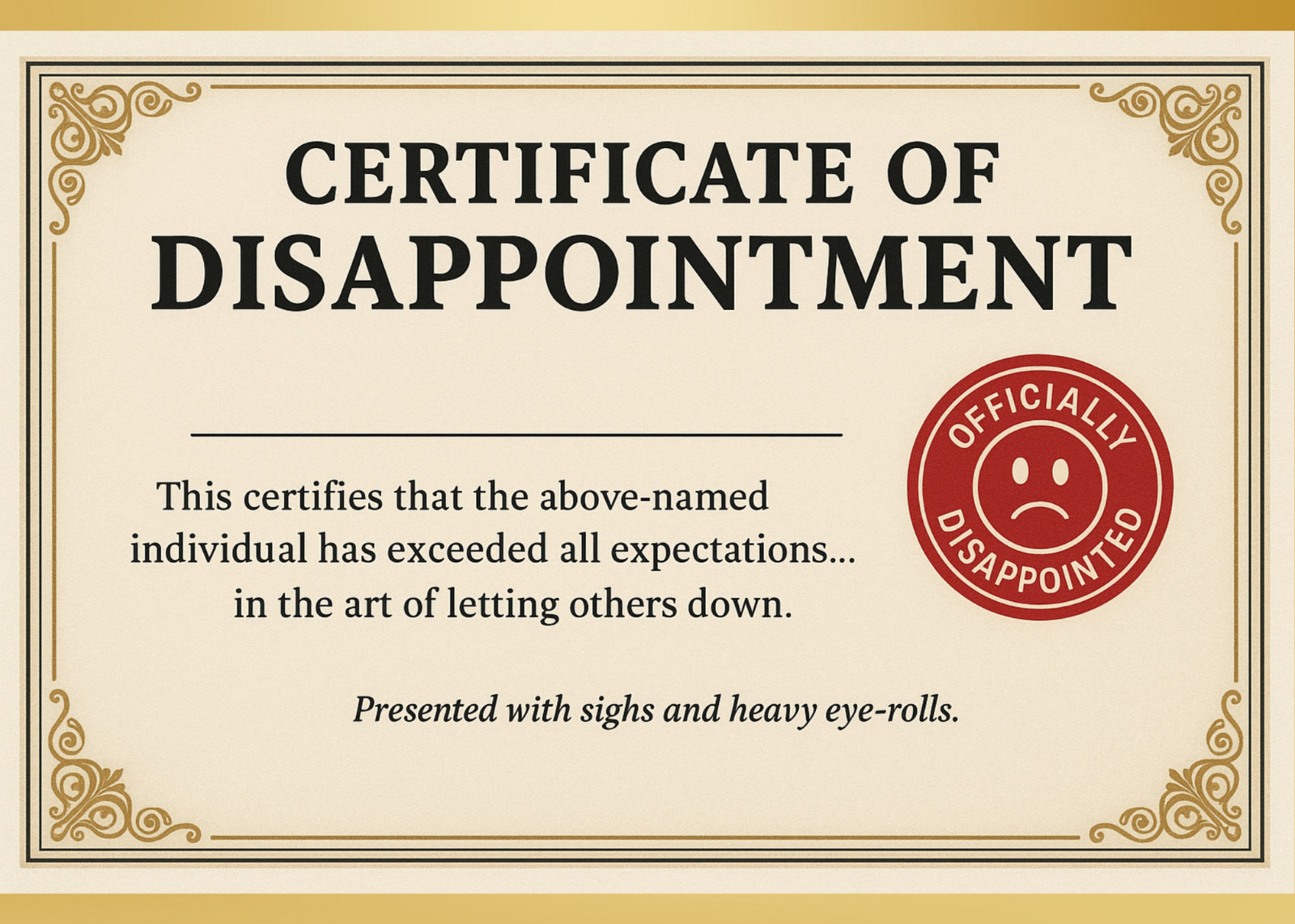 😂 Funny “Certificate of Disappointment” Prank Postcard – Anonymous Gag Gift 🎁 