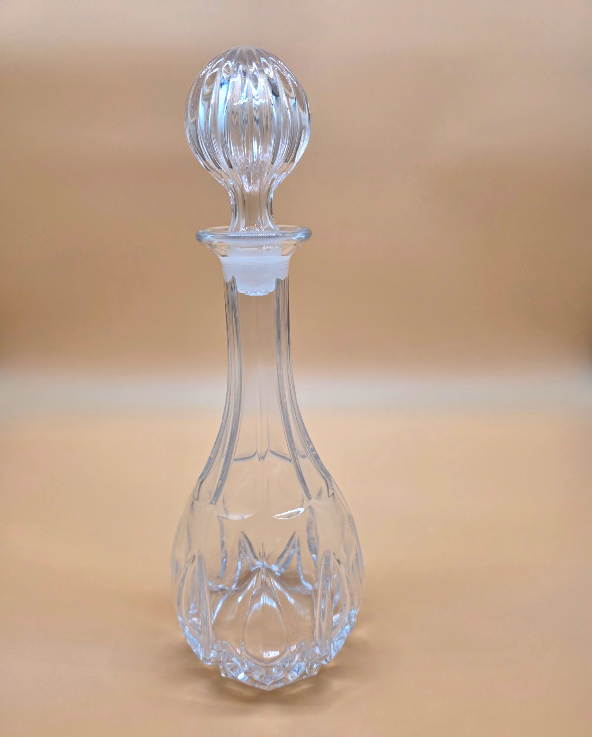  Paneled Cut Glass Liquor Decanter & Ribbed Ball Stopper Hex Base 11.5\