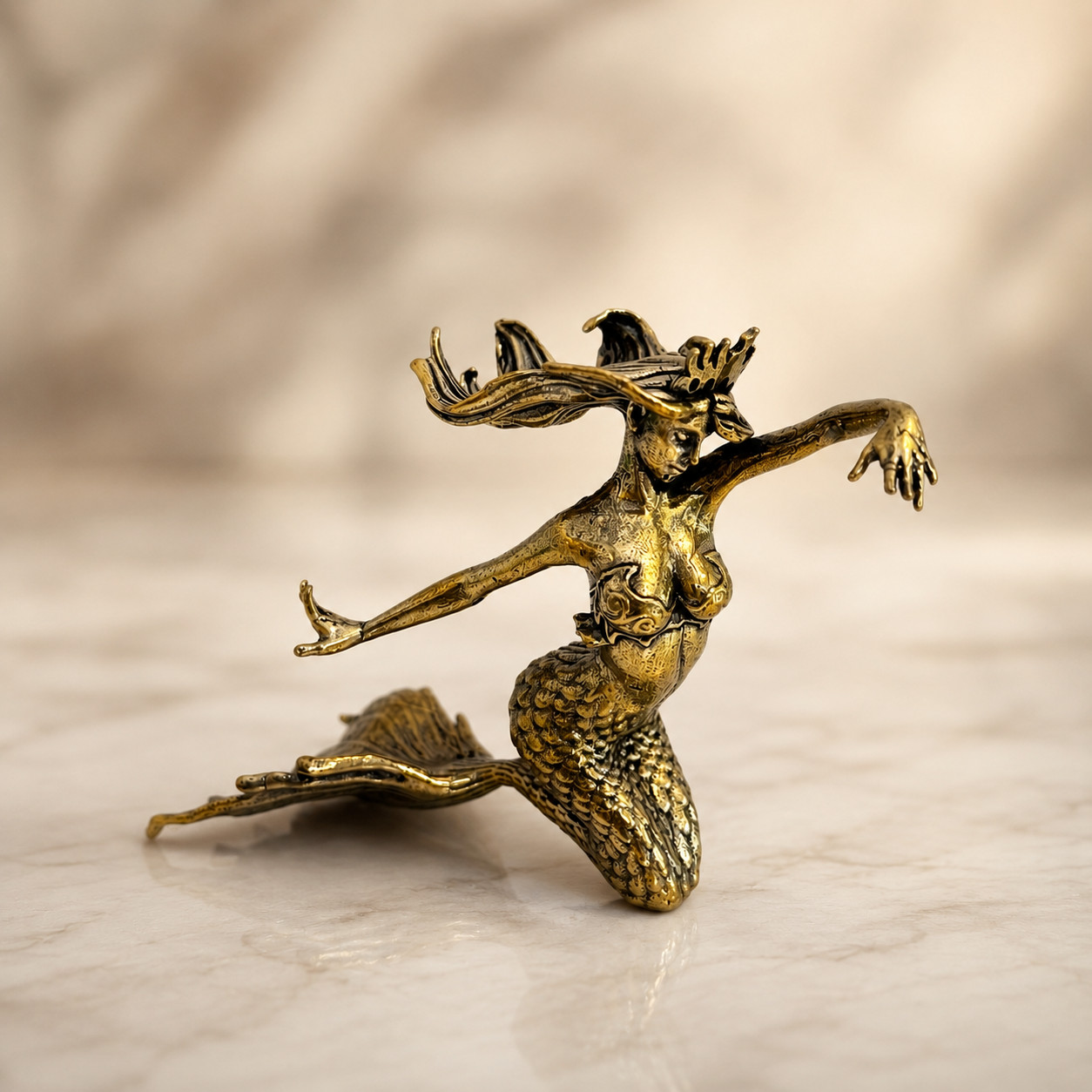 Handmade Metal Mermaid Figurine Spanish Vintage Style Brass Nautical Decor 3\'\'