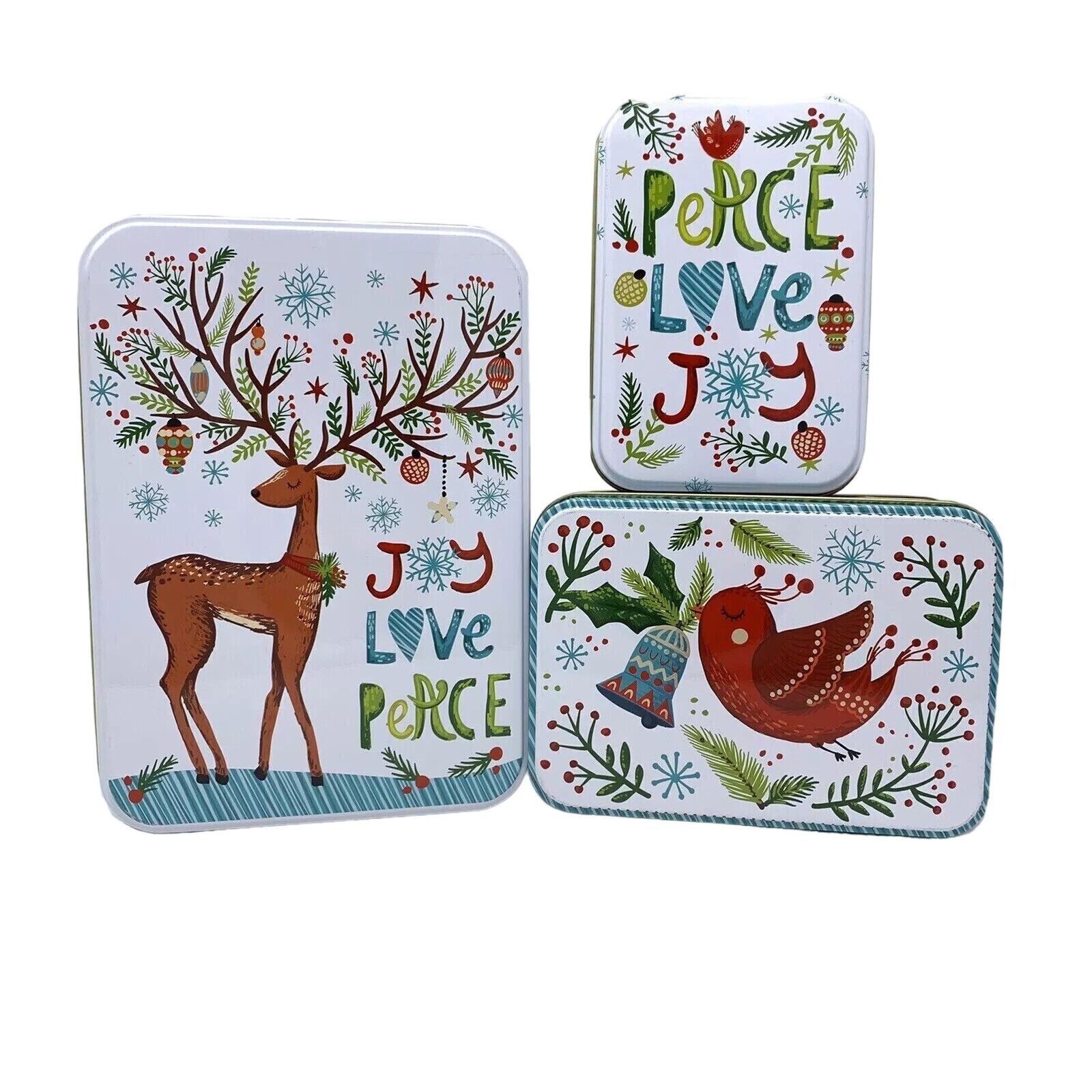 Set 3 Christmas Cookie Candy Tin Gift Box Reindeer Cardinal Joy Holiday Baking