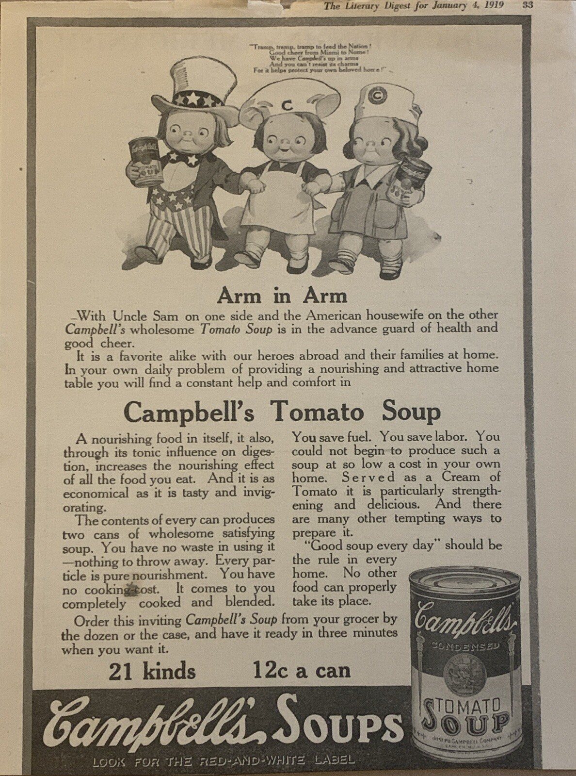 1919 Campbells Tomato Soup Kids PRINT AD Uncle Sam USA Housewife VTG 1910s WWI