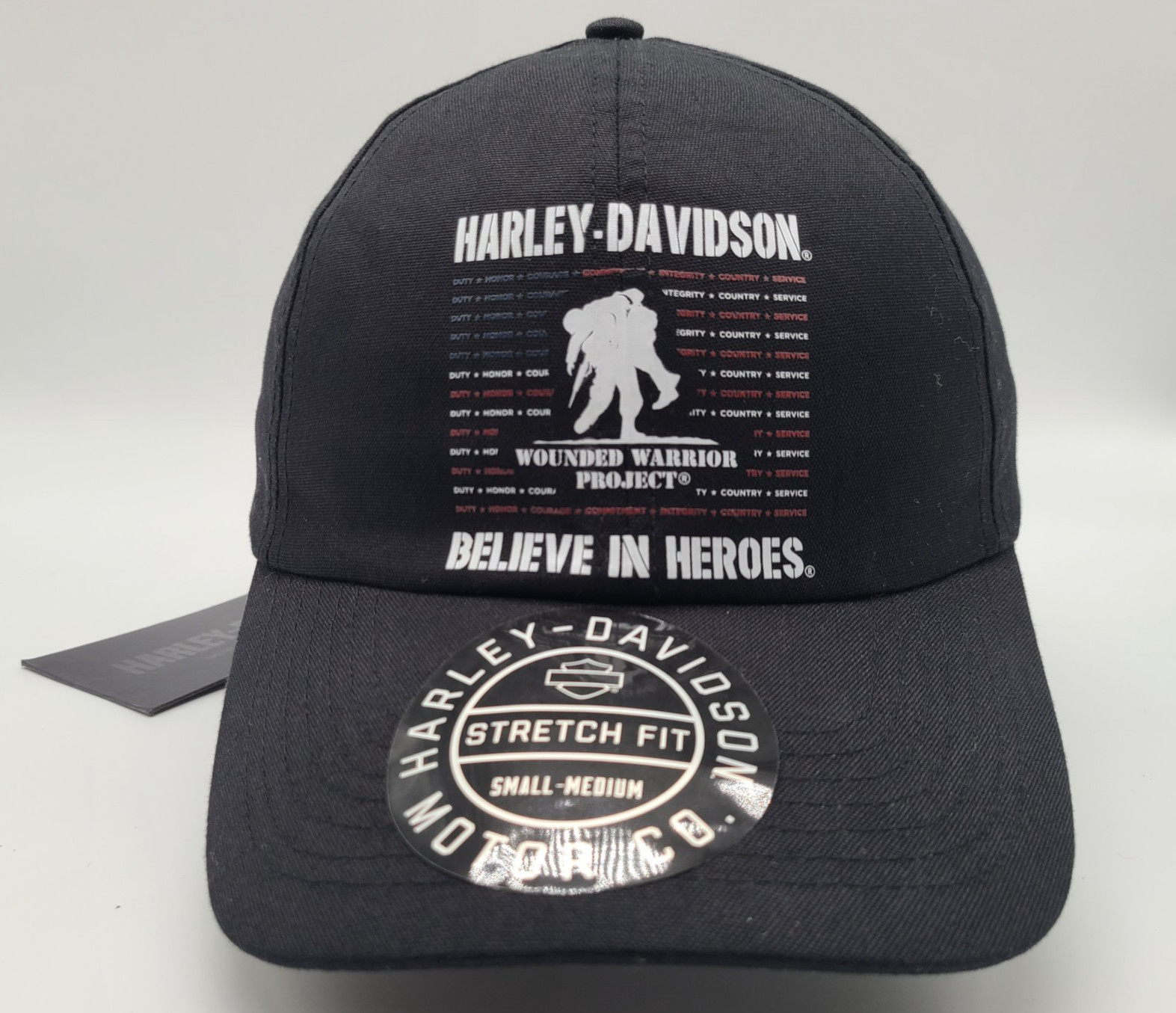 Harley Davidson Mens Wounded Warrior Project Black Stretch Fit Woven Hat Cap S/M Harley Davidson Mens Wounded Warrior Project Black Stretch Fit Woven Hat Cap S/M