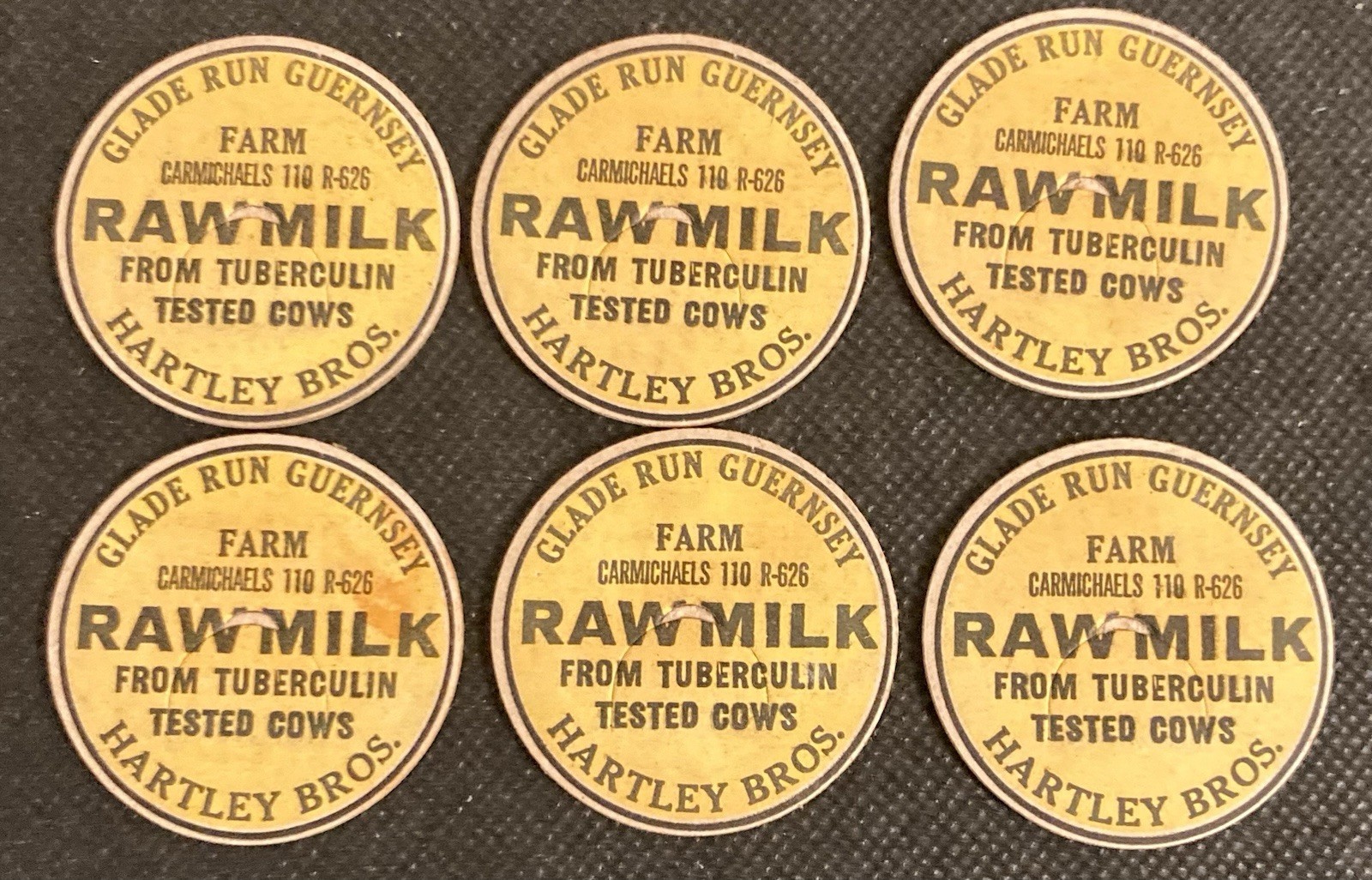 Glade Run Guernsey Farm 1940's Milk Bottle Caps Set of 6 Carmichaels, PA (42mm) Glade Run Guernsey Farm 1940's Milk Bottle Caps Set of 6 Carmichaels, PA (42mm)
