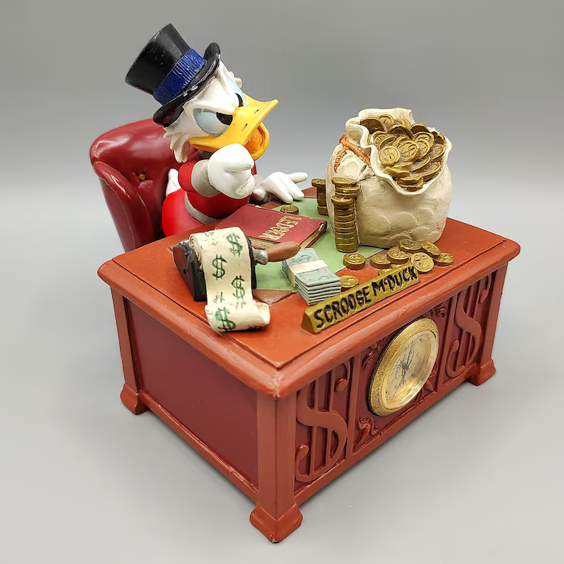 Vintage Scrooge McDuck Talking Bank Clock by Linden / Piggy Bank Figure Figurine