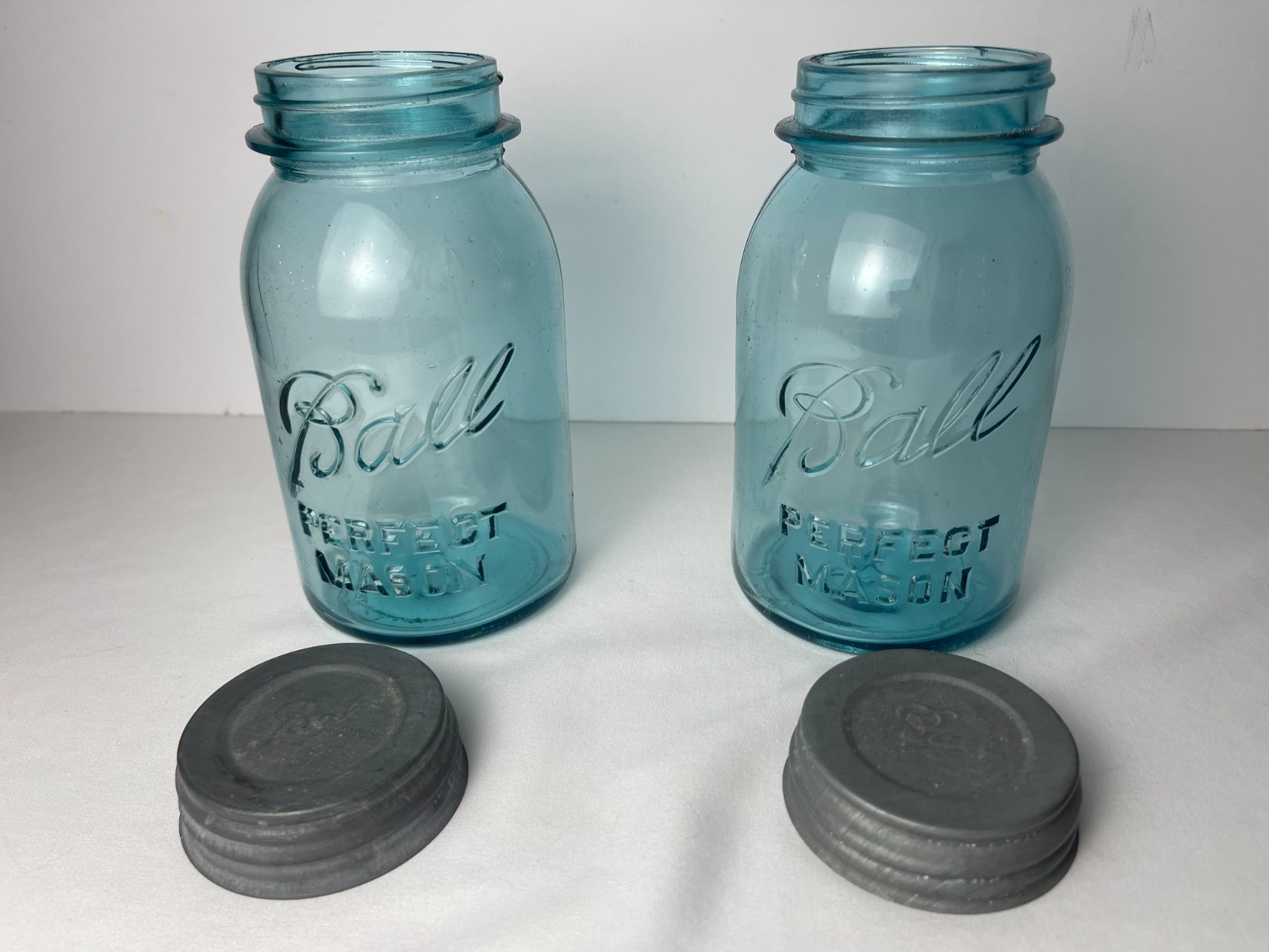 RARE #13 Ball Perfect Mason Jars Pair 1920s Blue Glass Zinc Lid Porcelain Insert