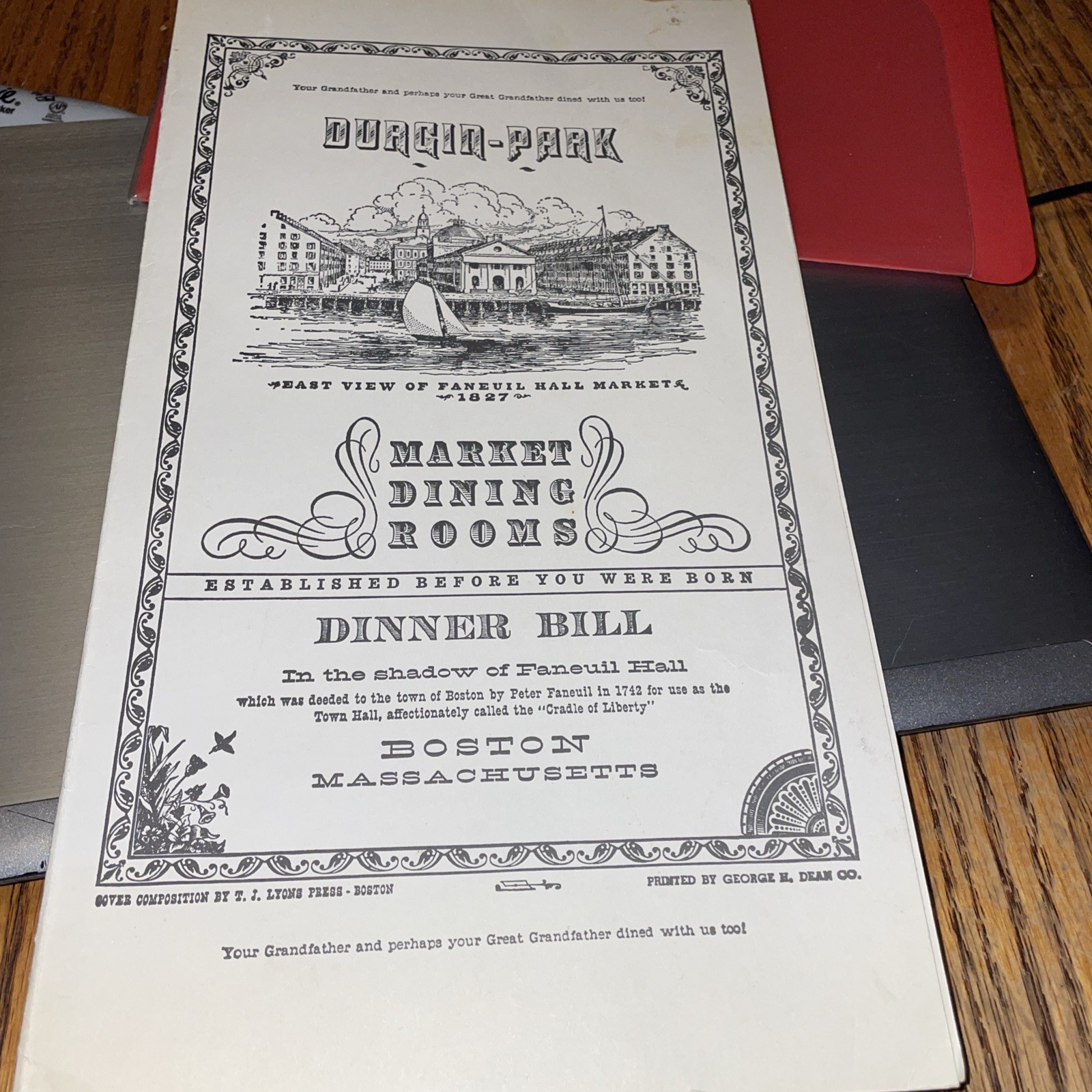 Vintage DURGIN PARK Market Dining Rooms Restaurant Menu - Boston, MASS